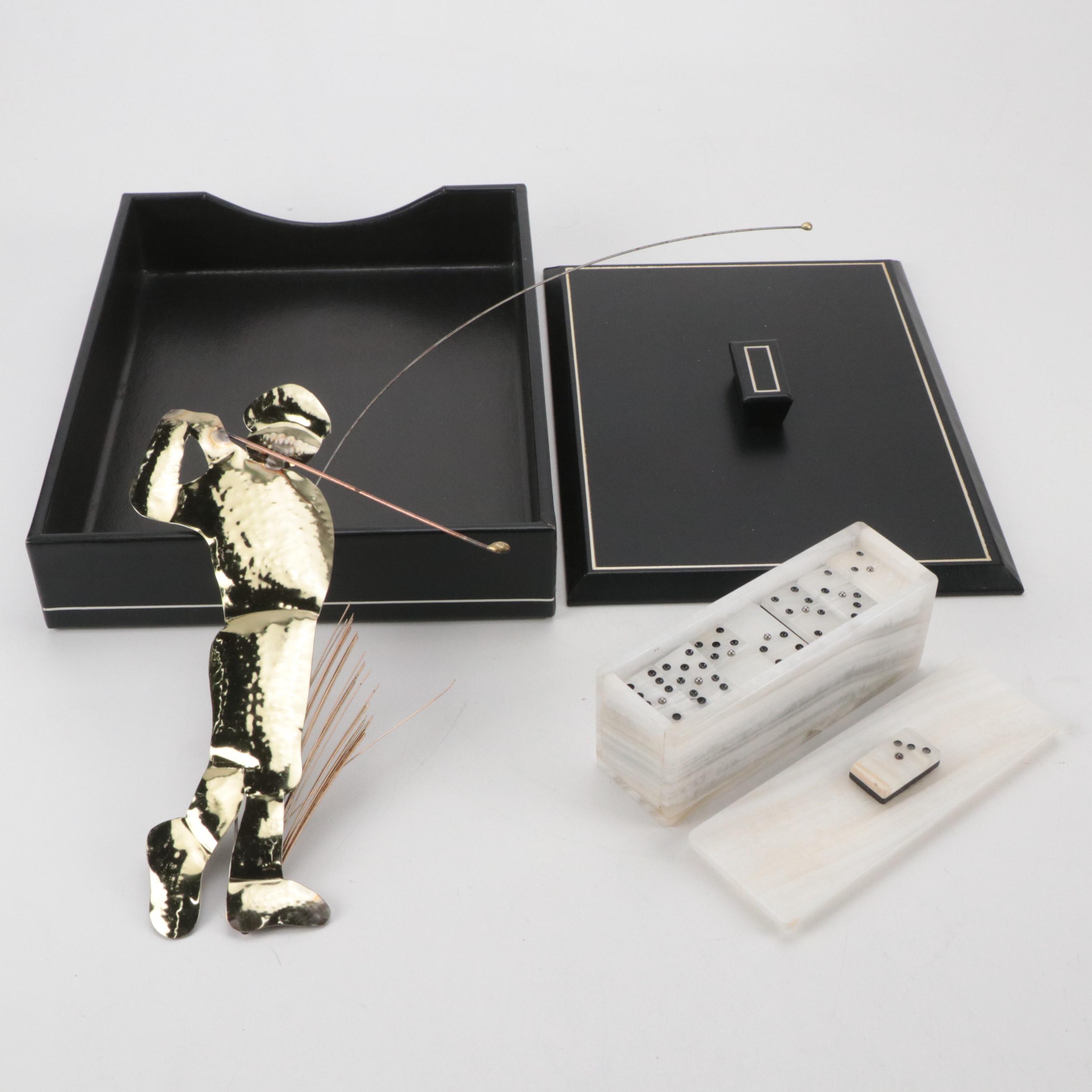 Marble Dominoes Set, Faux Leather File Holder, and Metal Golfer Wall Hanging