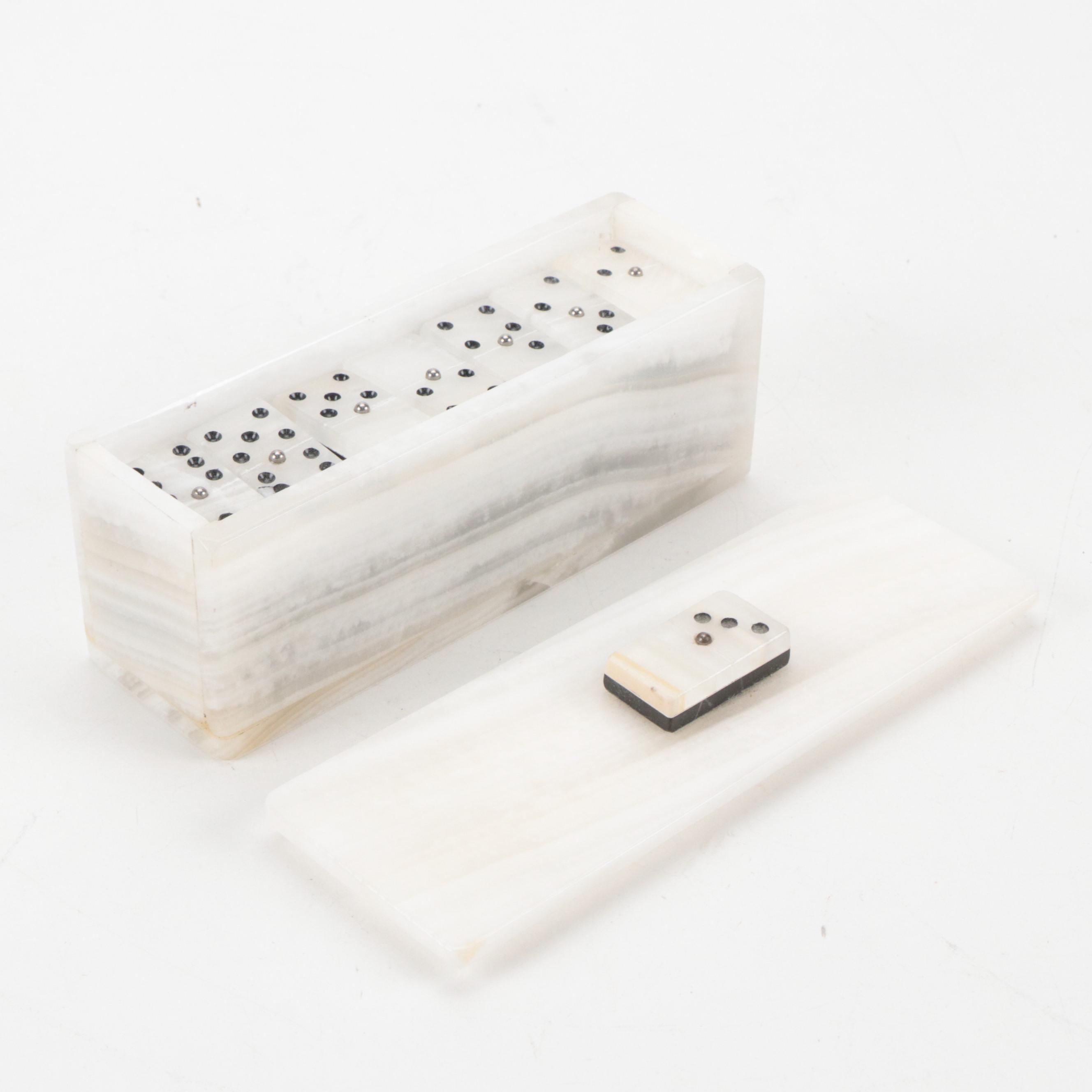 Marble Dominoes Set, Faux Leather File Holder, and Metal Golfer Wall Hanging