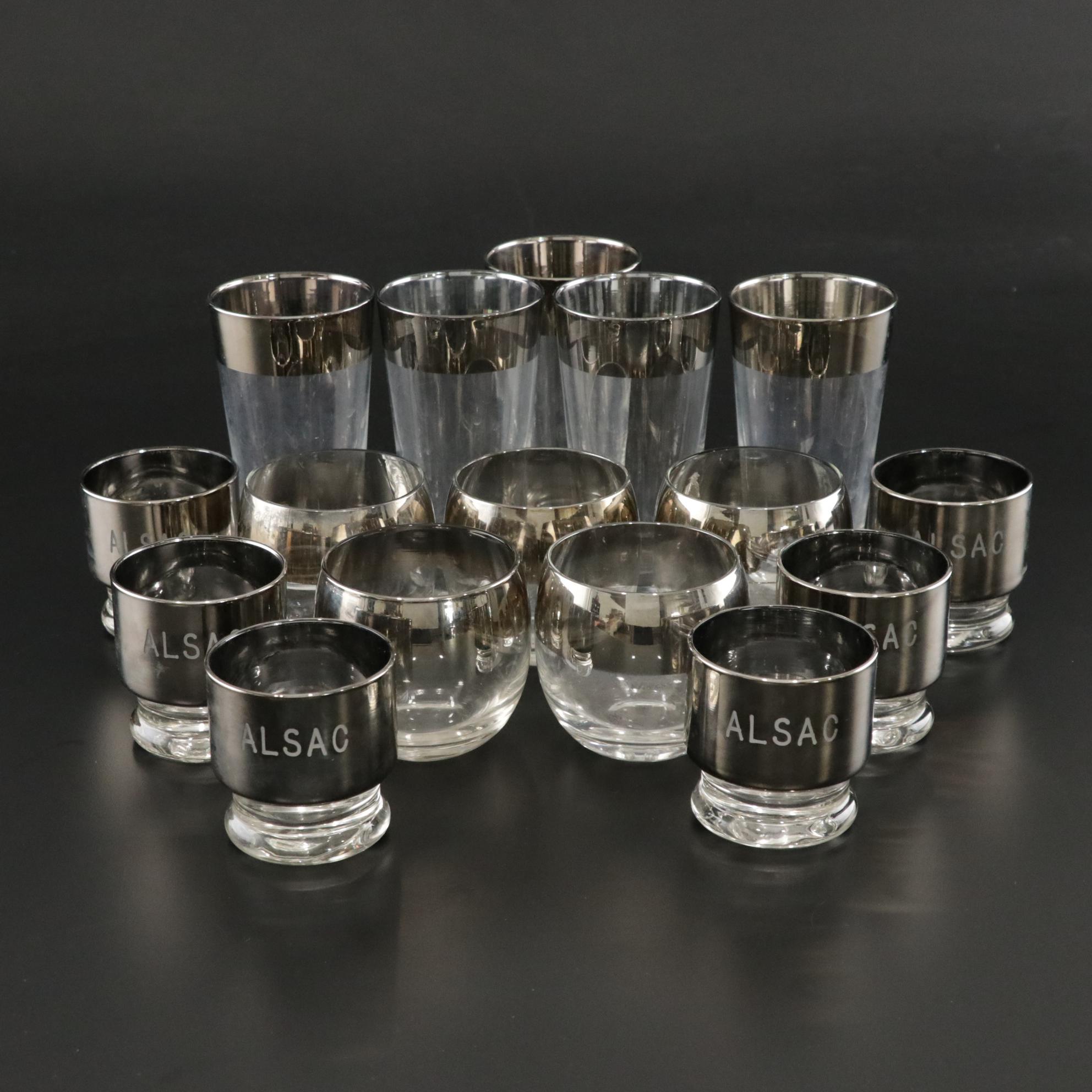 Sixteen Mid Century Modern Dorothy Thorpe Style Silver Rim Cocktail Glasses