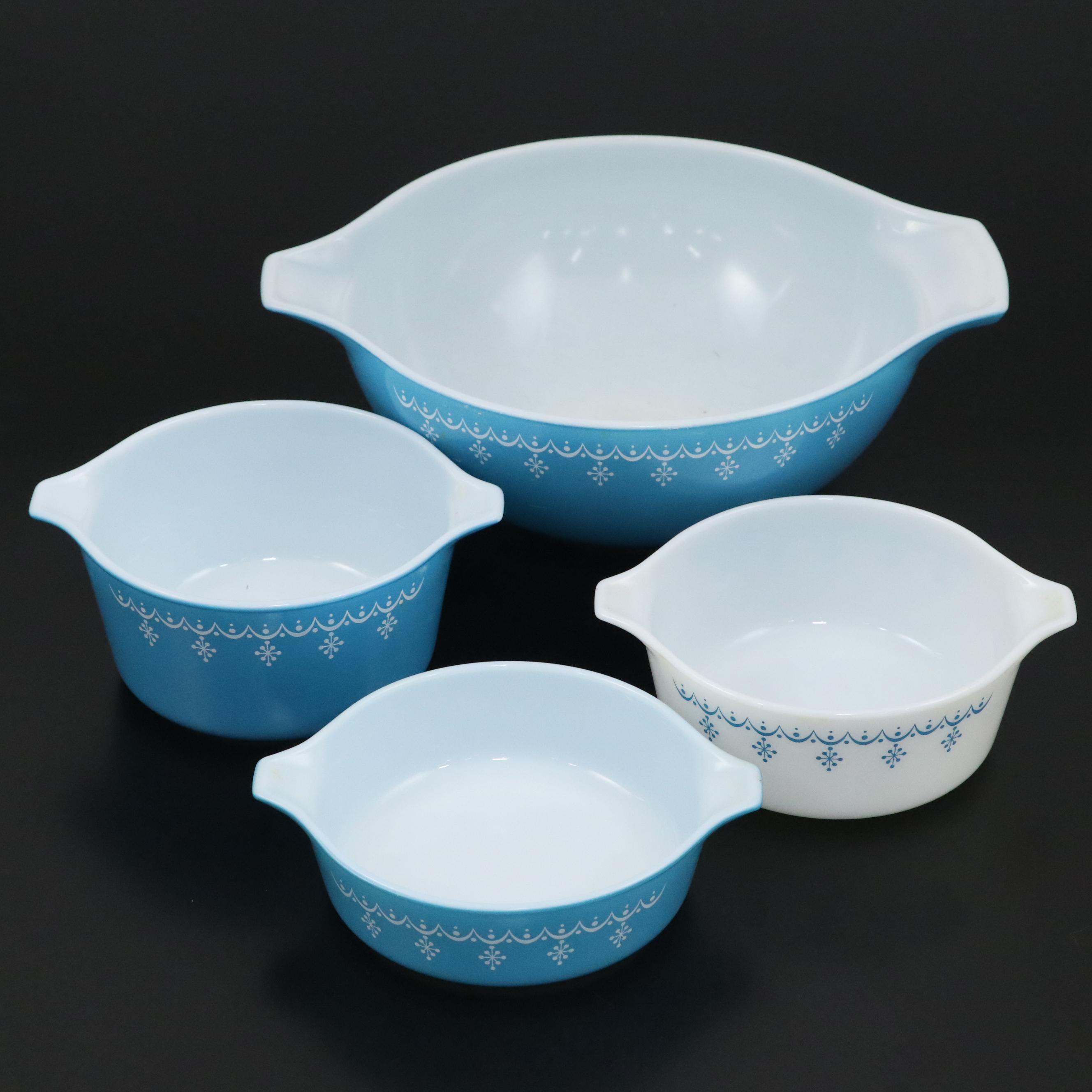 Pyrex "Snowflake Blue" Milk Glass Mixing Bowls, Mid to Late 20th Century