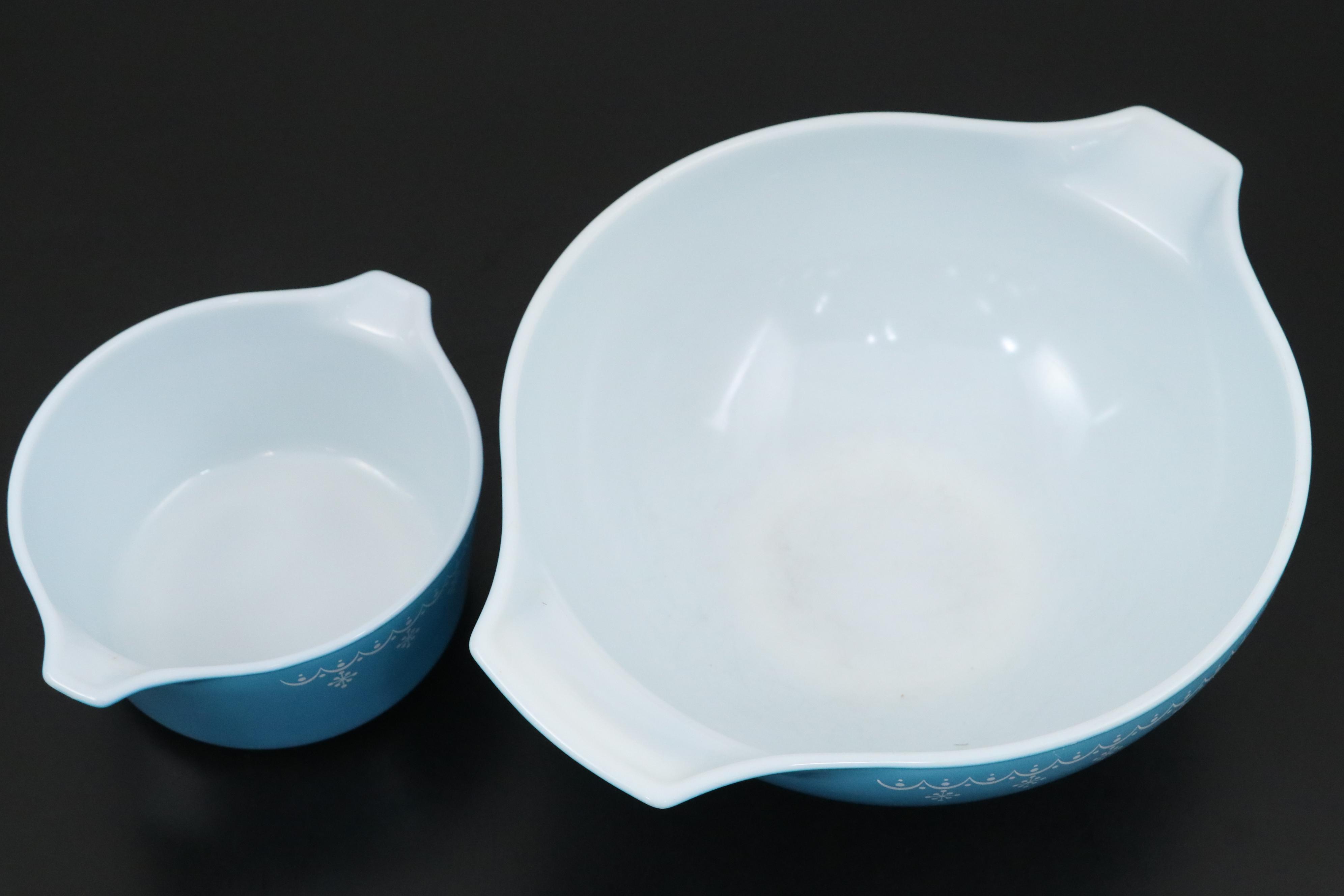 Pyrex "Snowflake Blue" Milk Glass Mixing Bowls, Mid to Late 20th Century