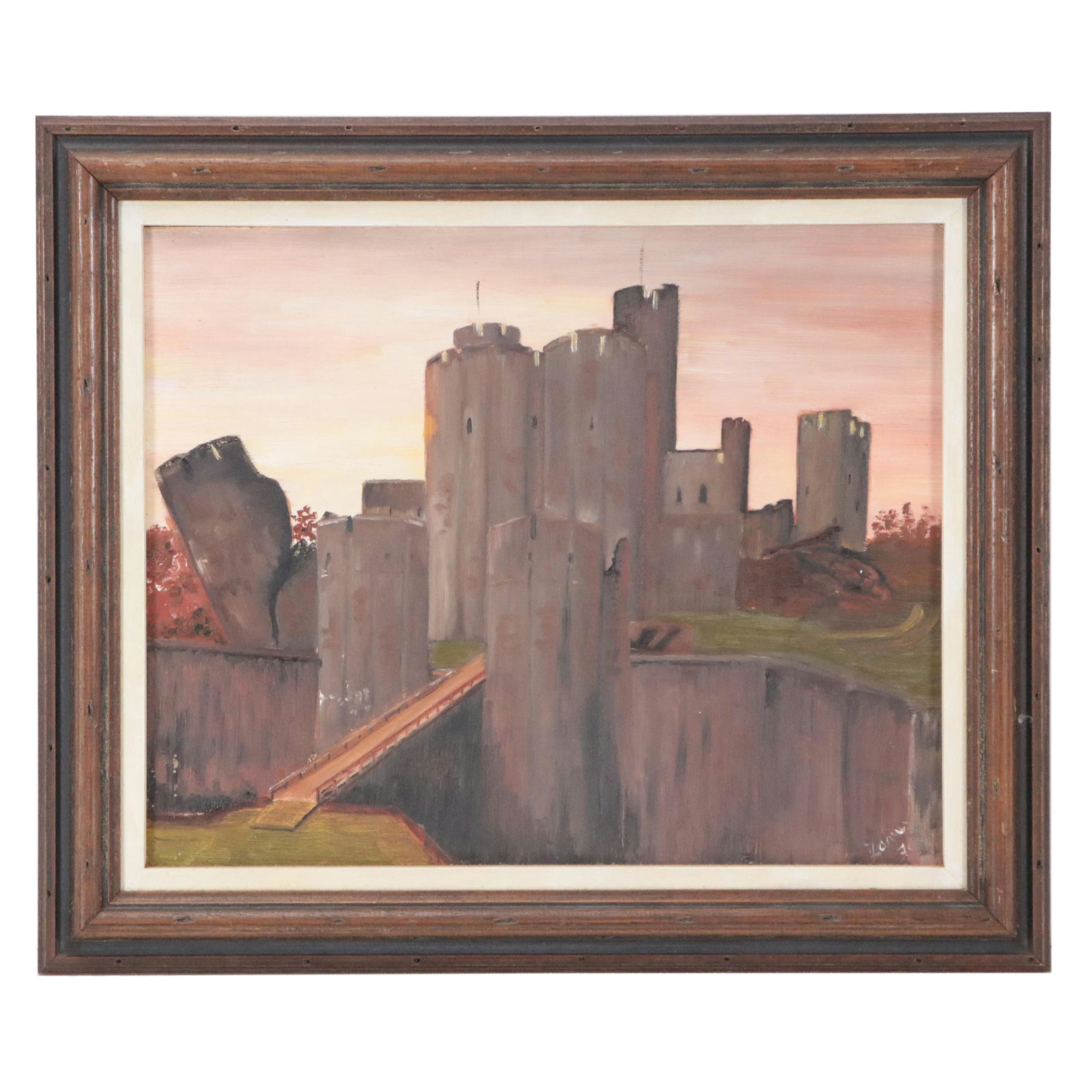 English Landscape Oil Painting "Caerphilly Castle, Wales," 1976