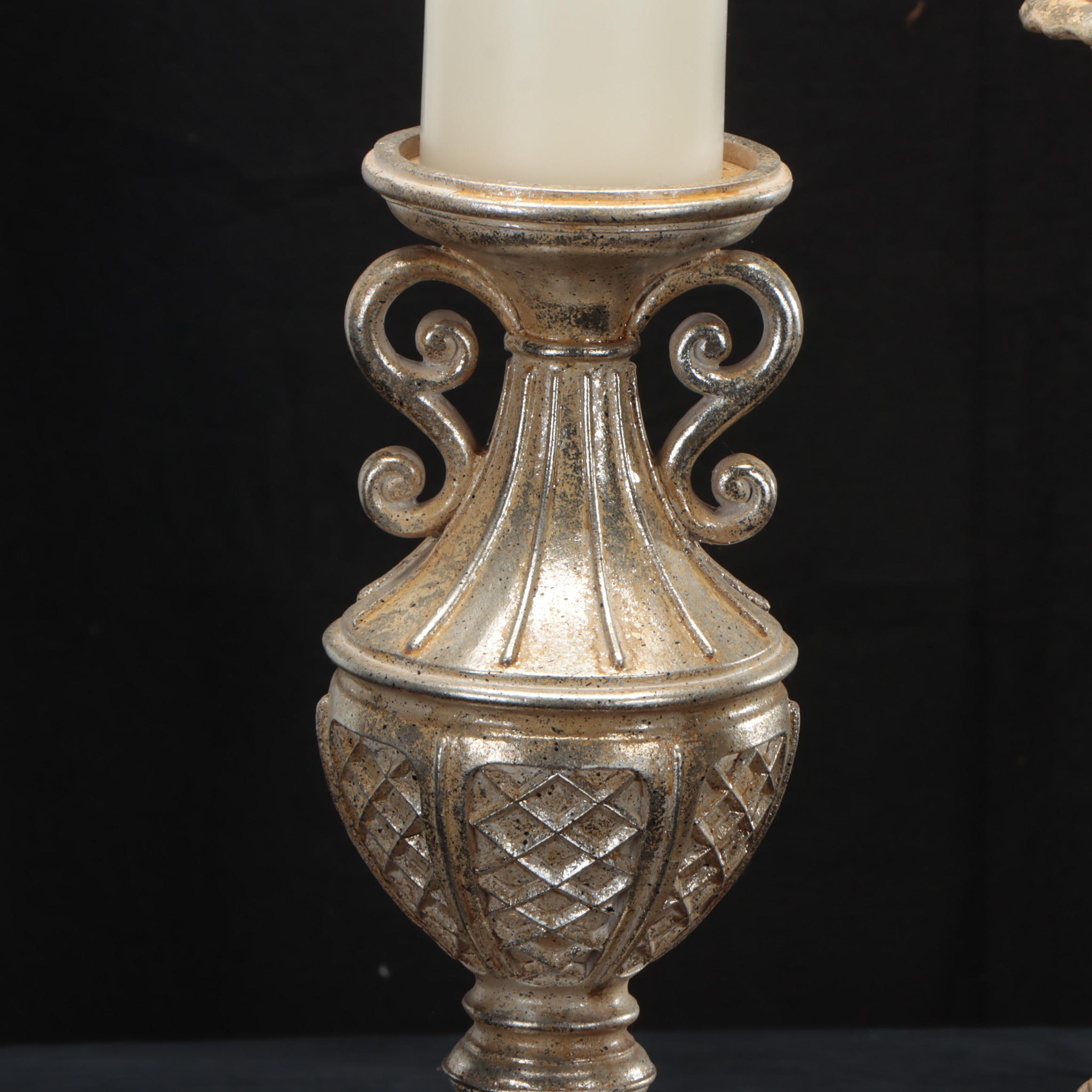Ornate Cast Composite Candle Holders with Pillar Candles