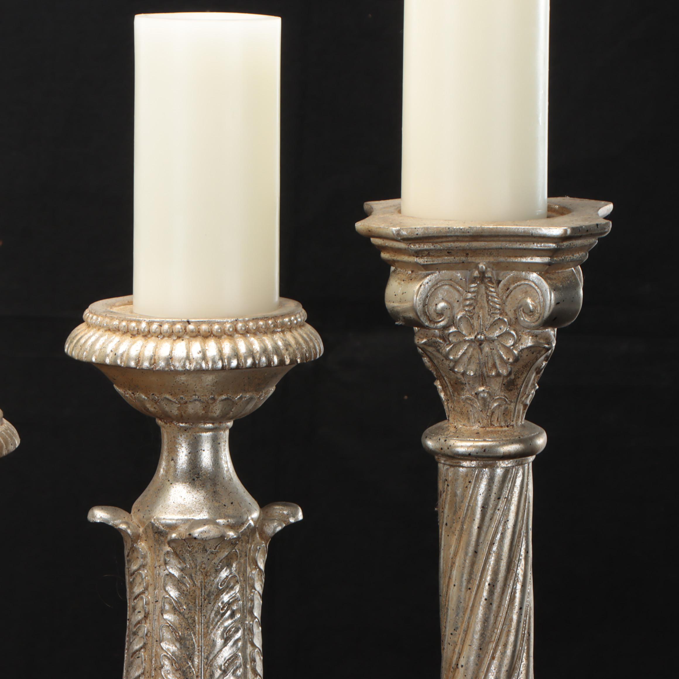 Ornate Cast Composite Candle Holders with Pillar Candles