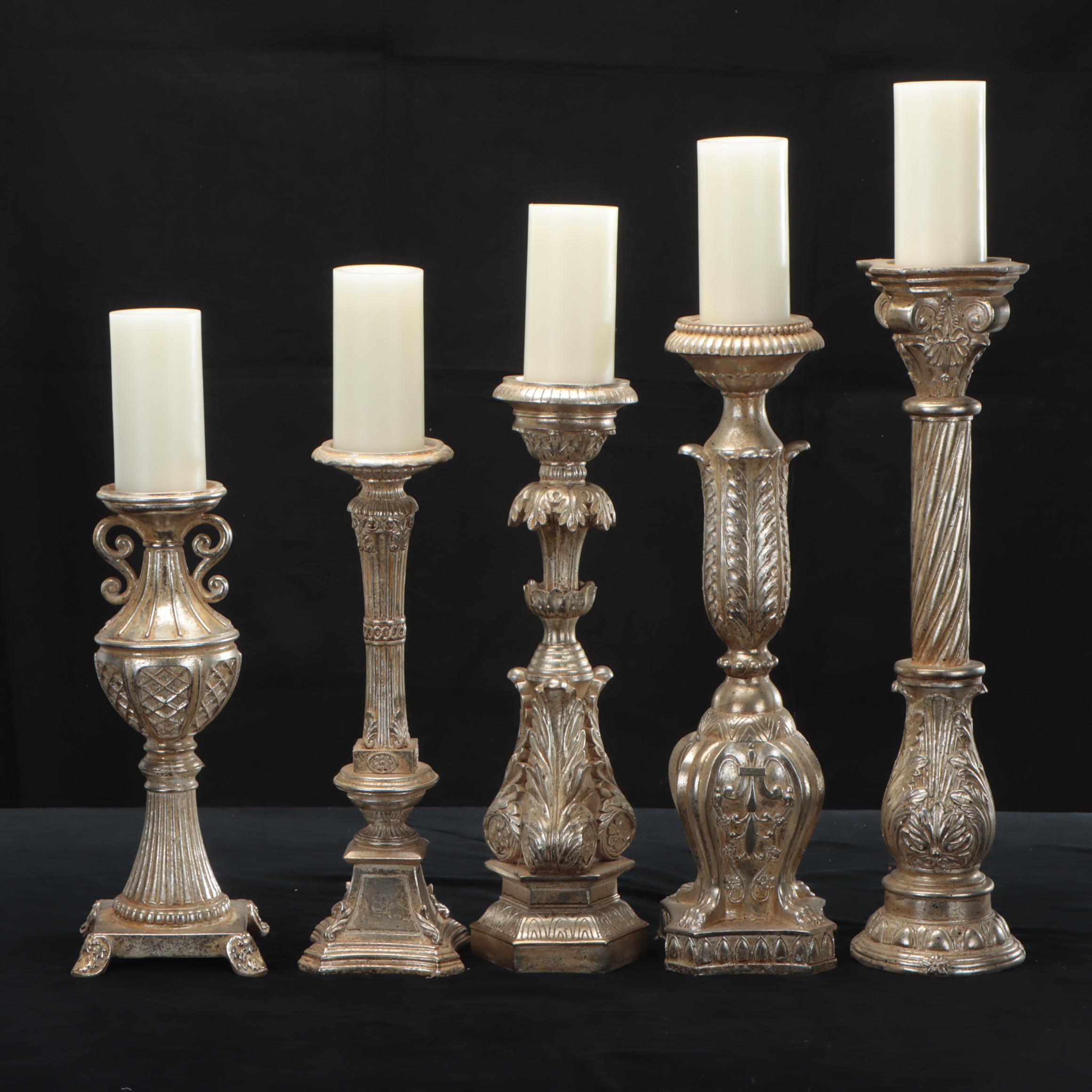 Ornate Cast Composite Candle Holders with Pillar Candles