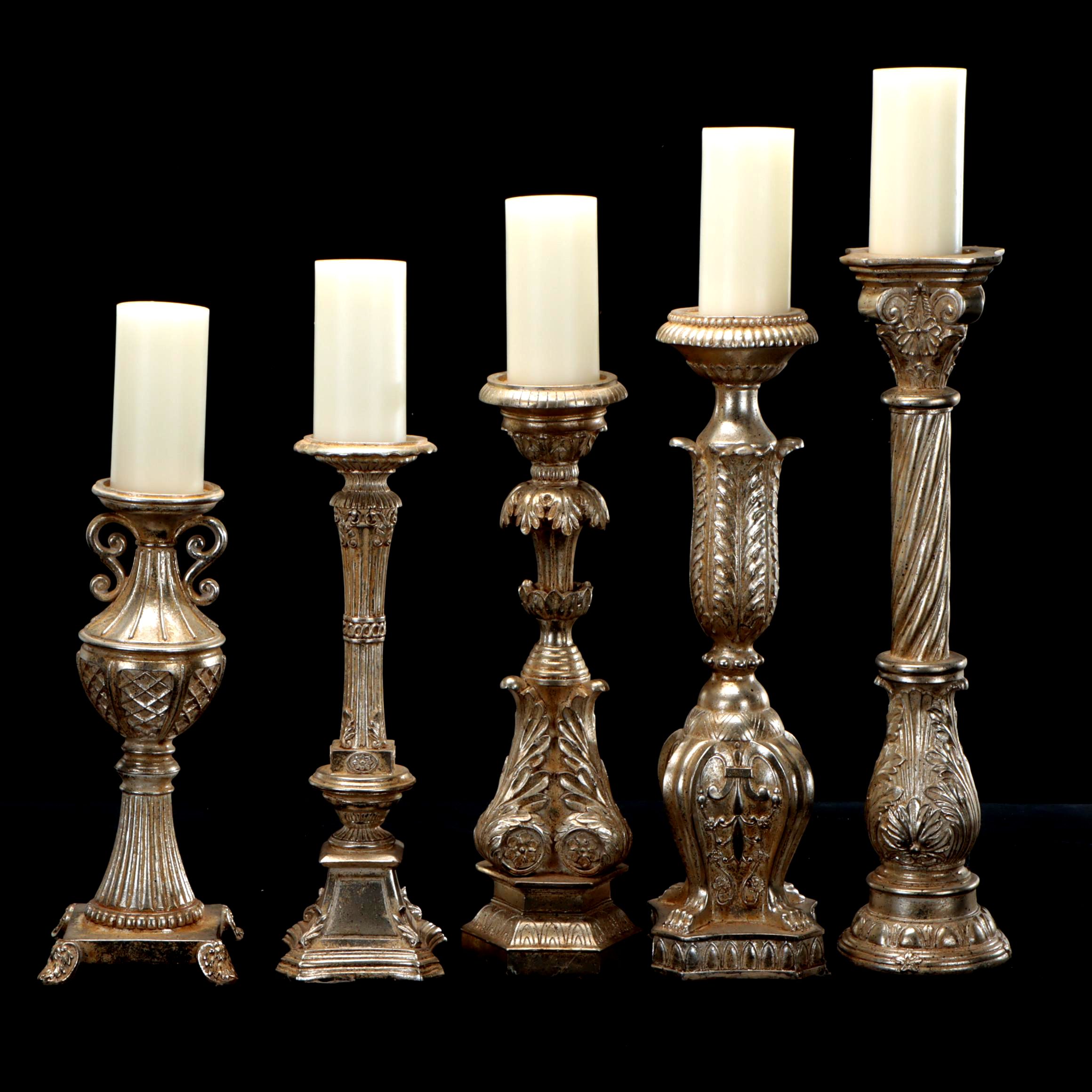 Ornate Cast Composite Candle Holders with Pillar Candles