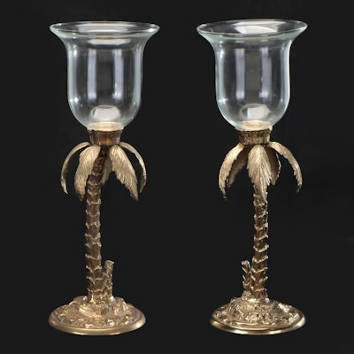 Cast Brass Palm Tree Candlestick Pair with Glass Hurricanes