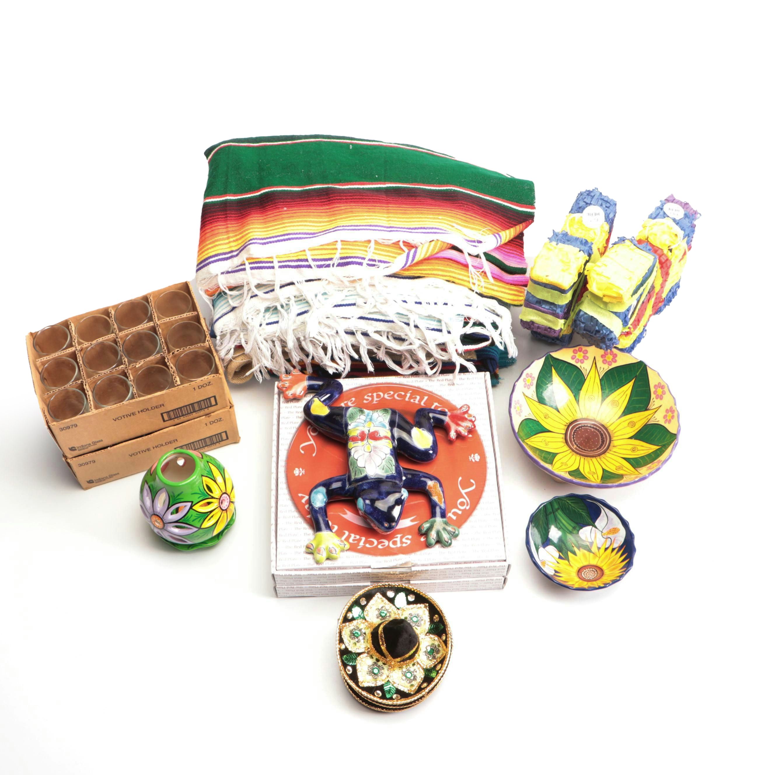 Handwoven Southwestern Blankets with Painted Ceramic Frog, Floral Votive & More