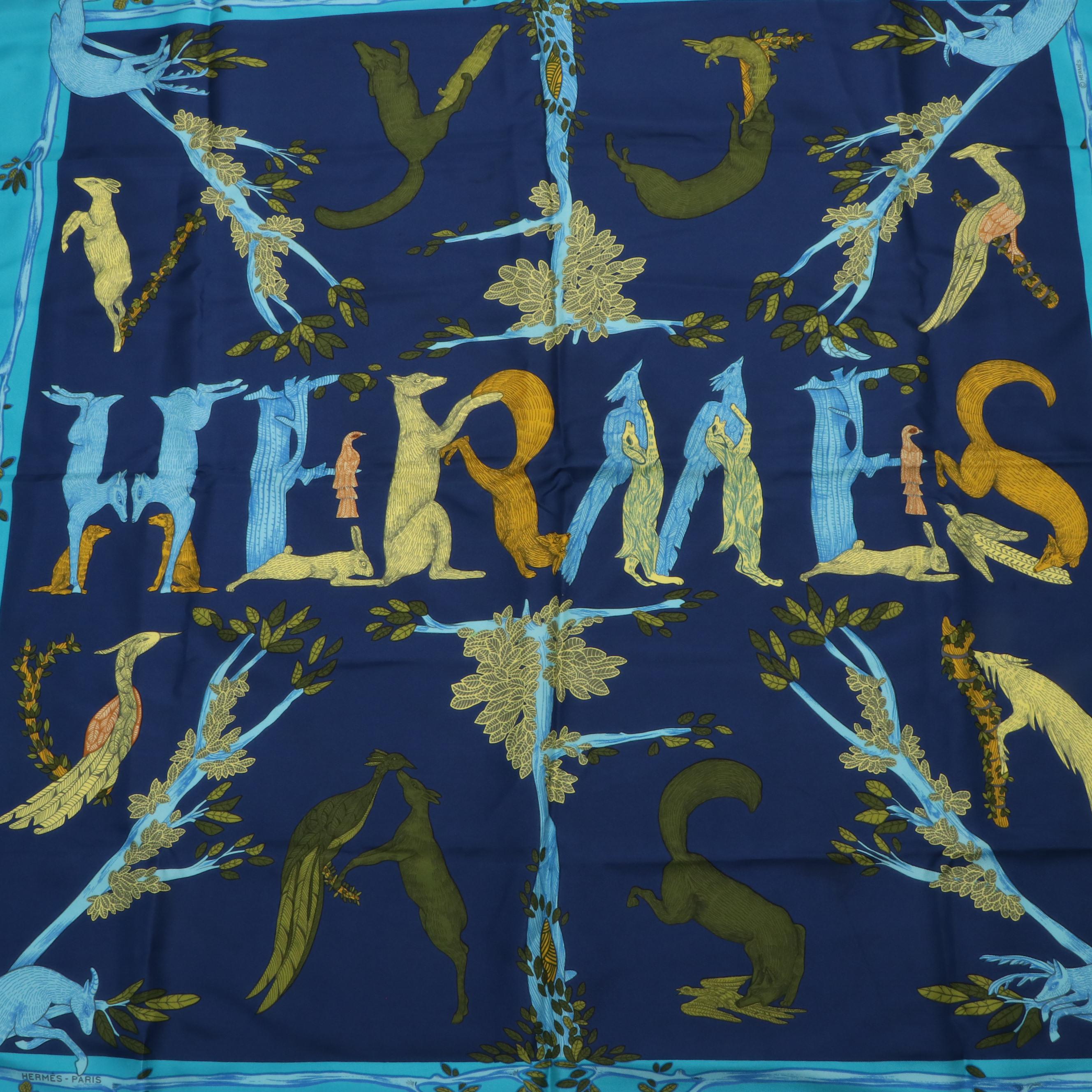 Hermès "Animal Alphabet Forest Dynamic" Silk Twill Scarf 90