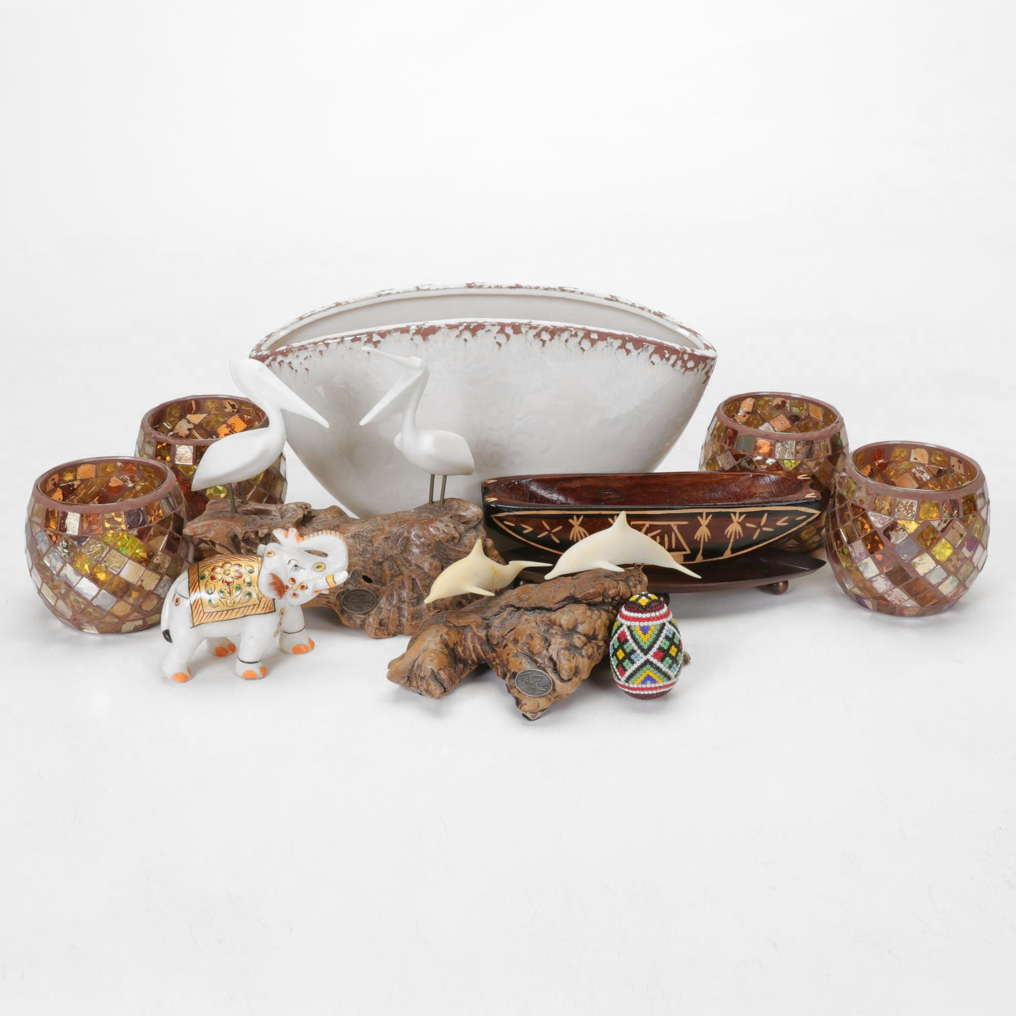 John Perry Pelican and Dolphin Sculptures with Mosaic Candle Holders and More