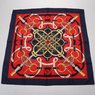 Hermès "Éperon d'Or" Blue, Red and Gold Silk Scarf