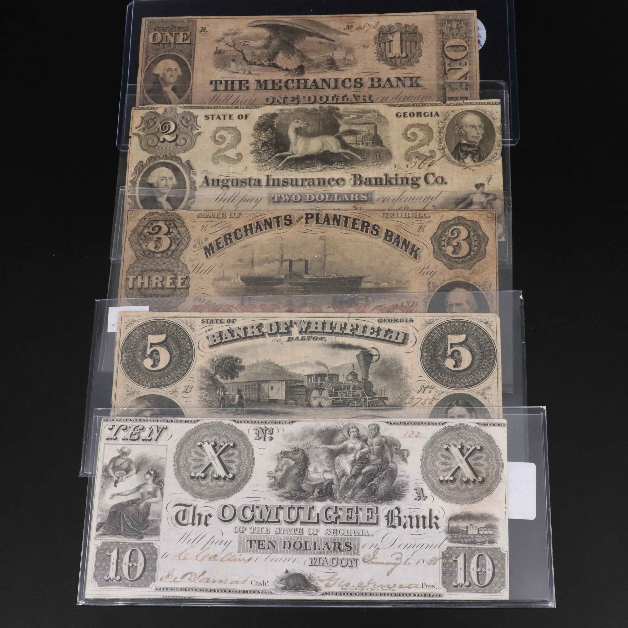 Collection of Five Different Obsolete Bank Notes From Georgia