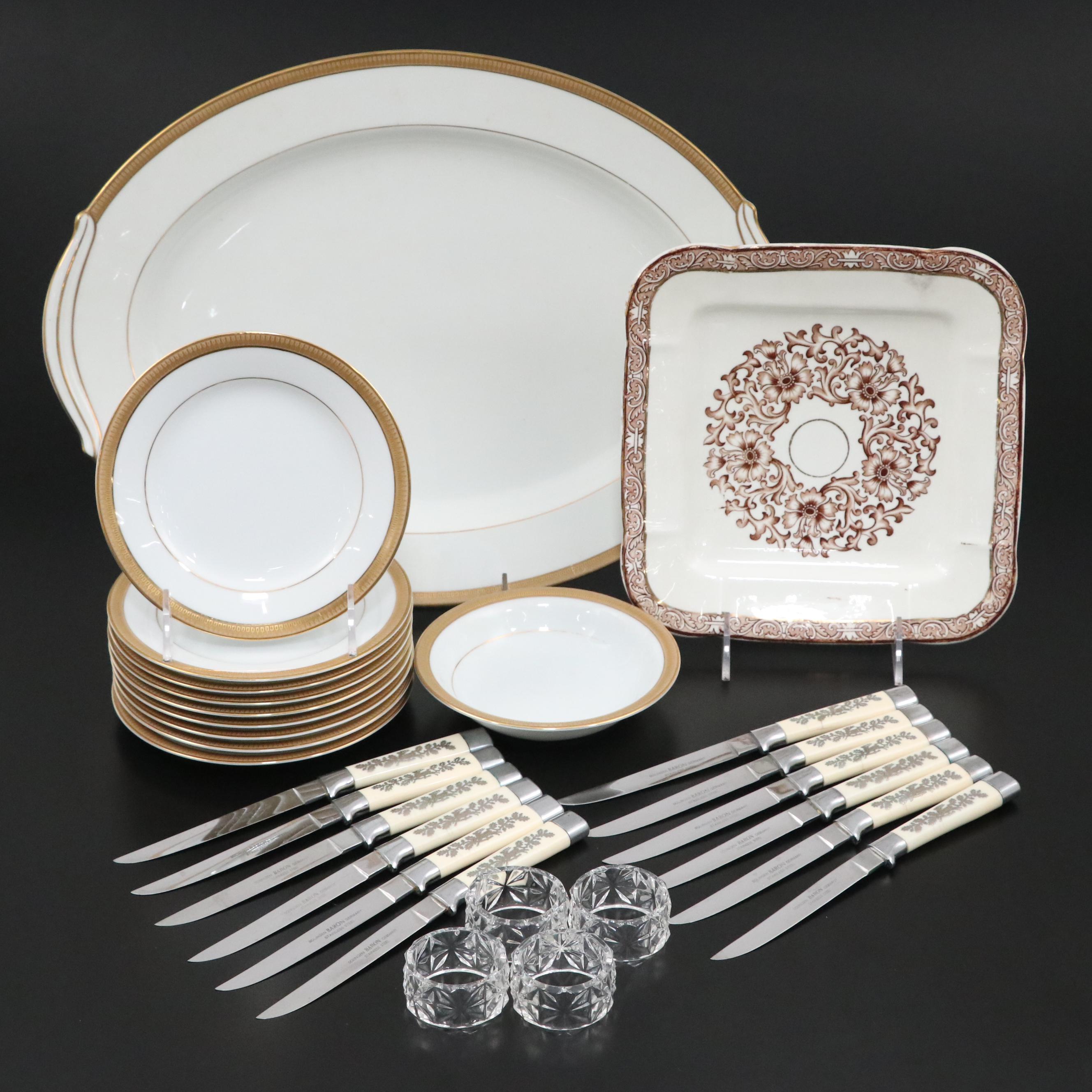 Noritake "Goldwyn" Platter with English Ironstone Square Plate and Other Decor