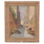 D. Angelo Oil Painting of European Street Scene with Figures, 20th Century