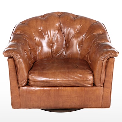 Button-Tufted Vinyl Swivel Lounge Chair, Mid to Late 20th Century