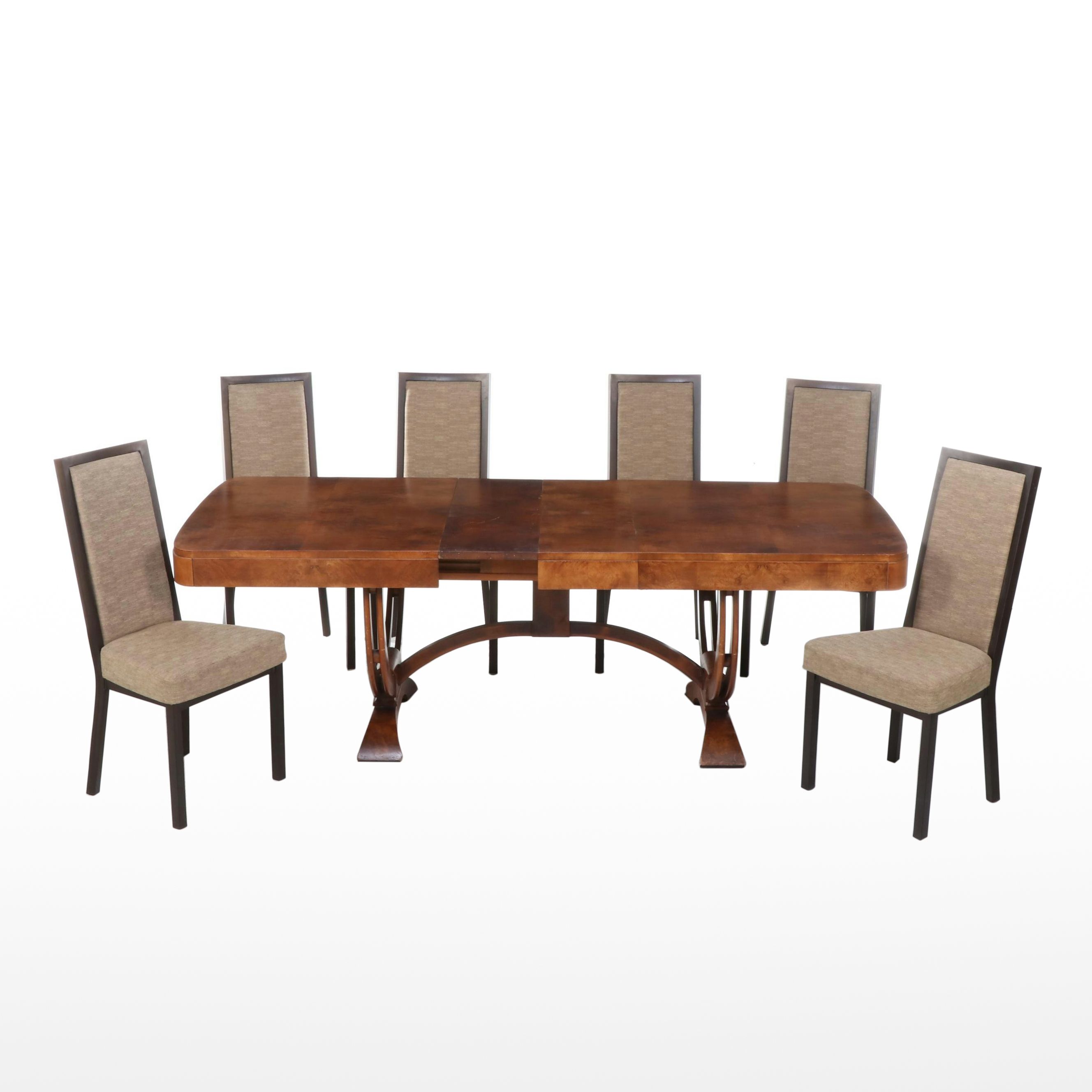 Saginaw Furniture Shops Art Deco Burl Walnut Dining Table & Six Amisco Chairs
