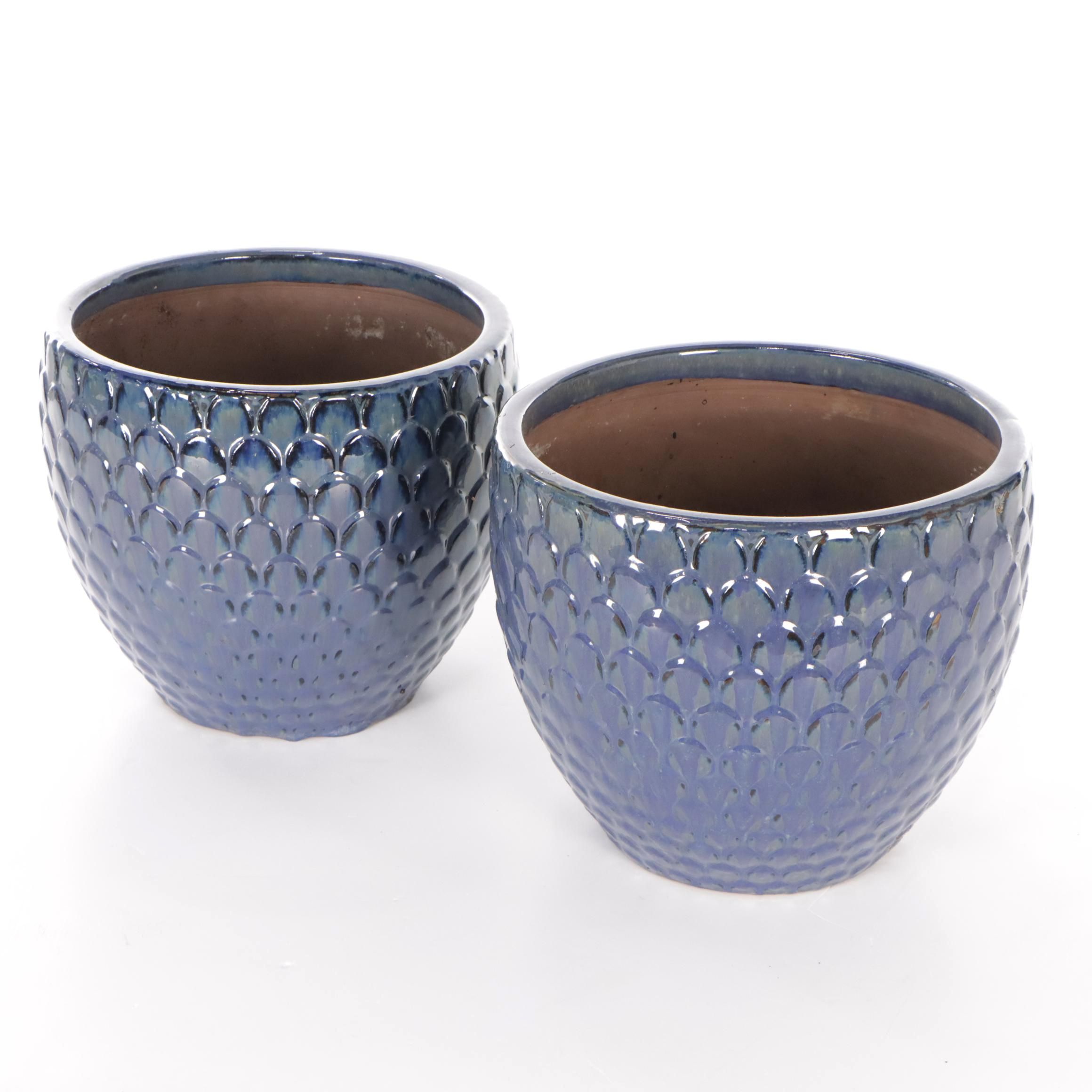 Contemporary Blue Glazed Ceramic Garden Planters