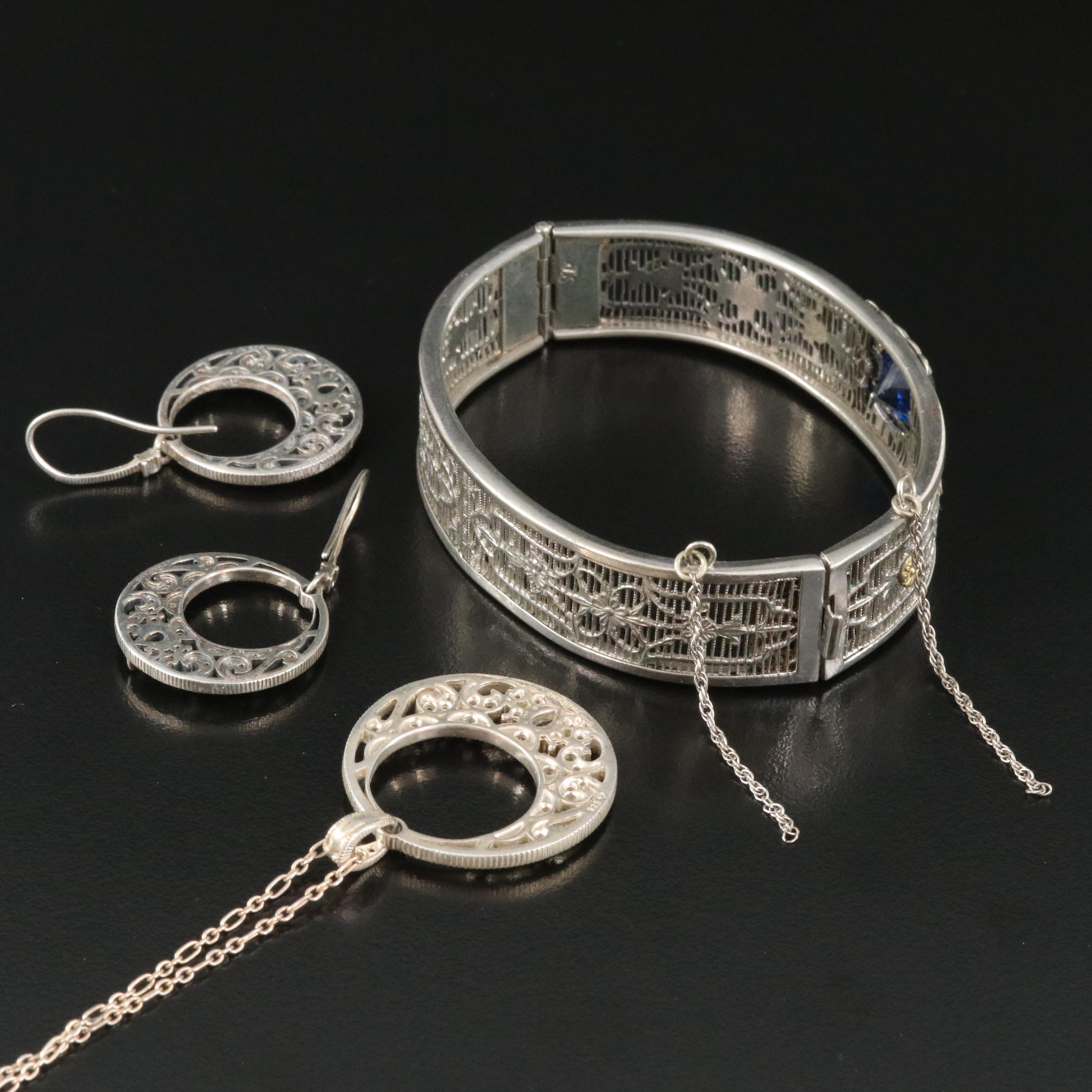 Sterling Earring and Necklace Set with Hinged Bangle