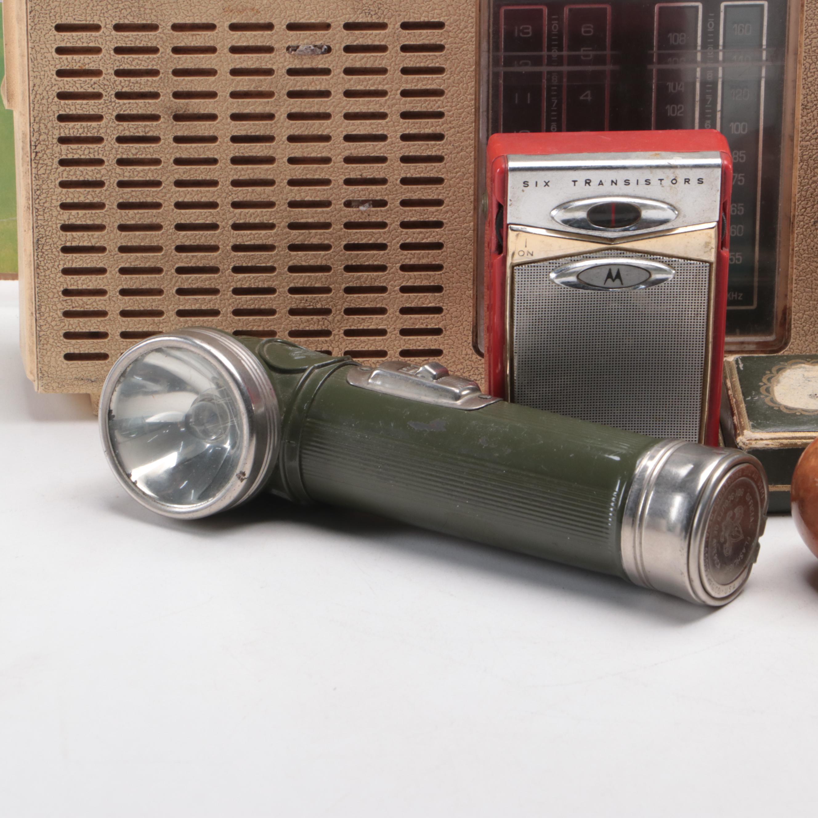 GE Transistor Radio, Flashlight, Lighter, Alabaster Egg, More