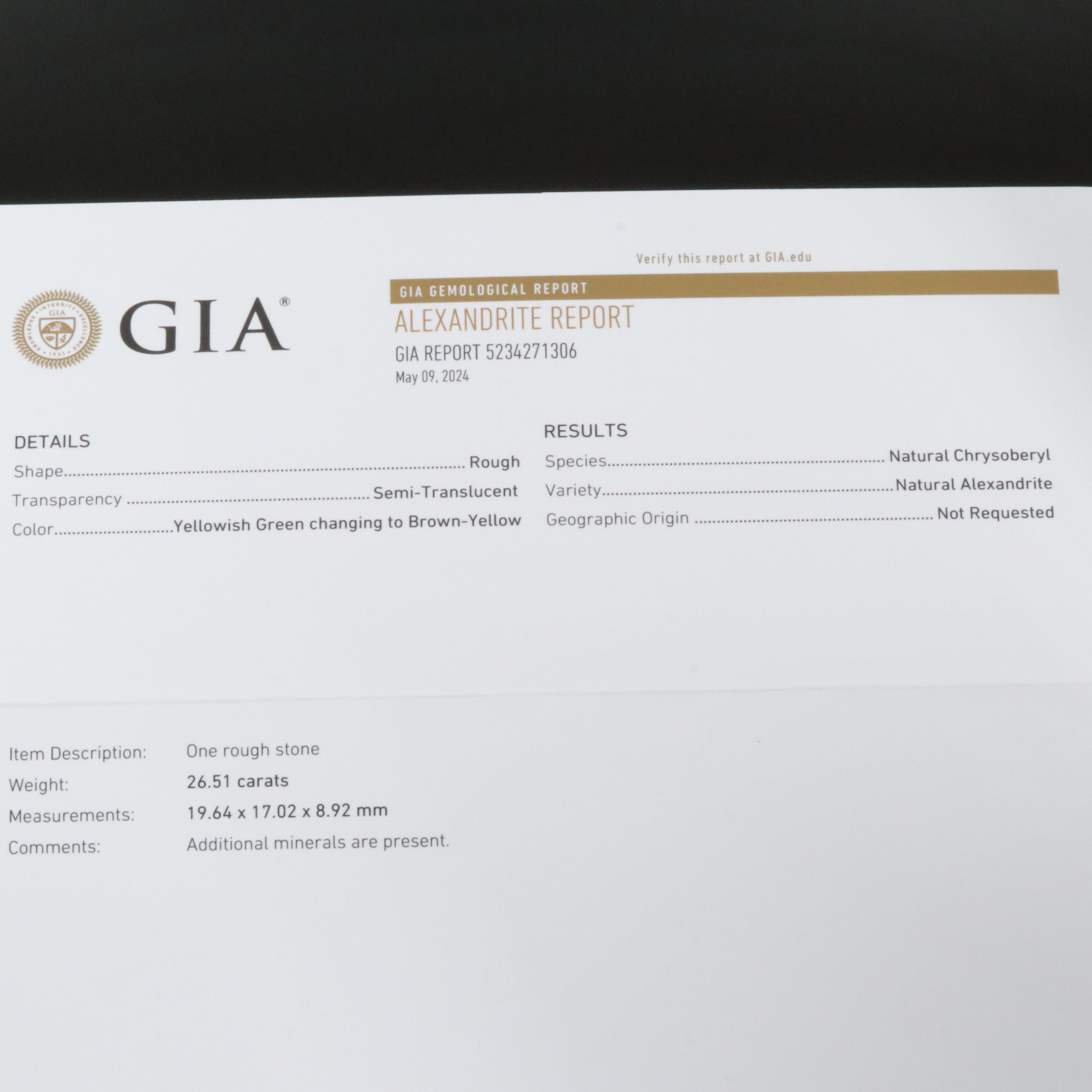 Loose 26.51 CT Rough Alexandrite with GIA Report