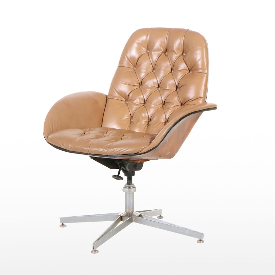 George Mulhauser for Plycraft Walnut Plywood, Steel, and Leather Lounge Chair