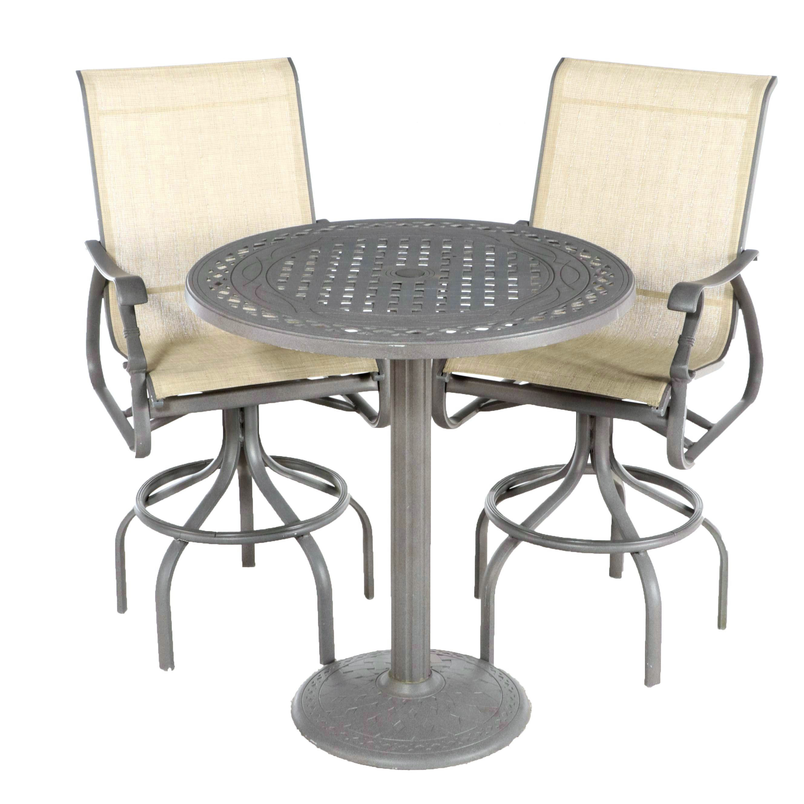 Cast Aluminum Bar Height Bistro Table and Swivel Chairs