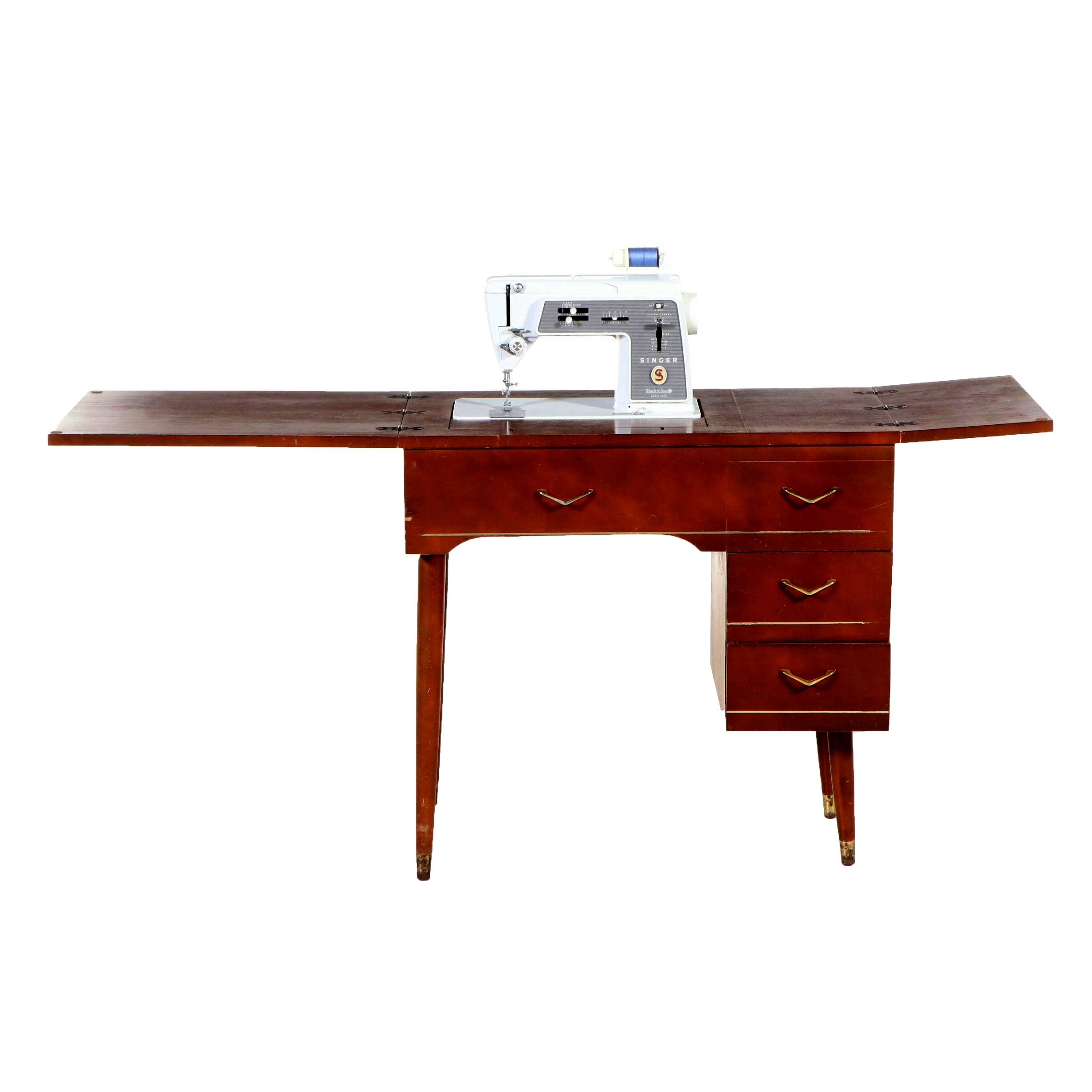 Singer Touch & Sew Model 600E Machine With Folding Cabinet, Mid-20th Century