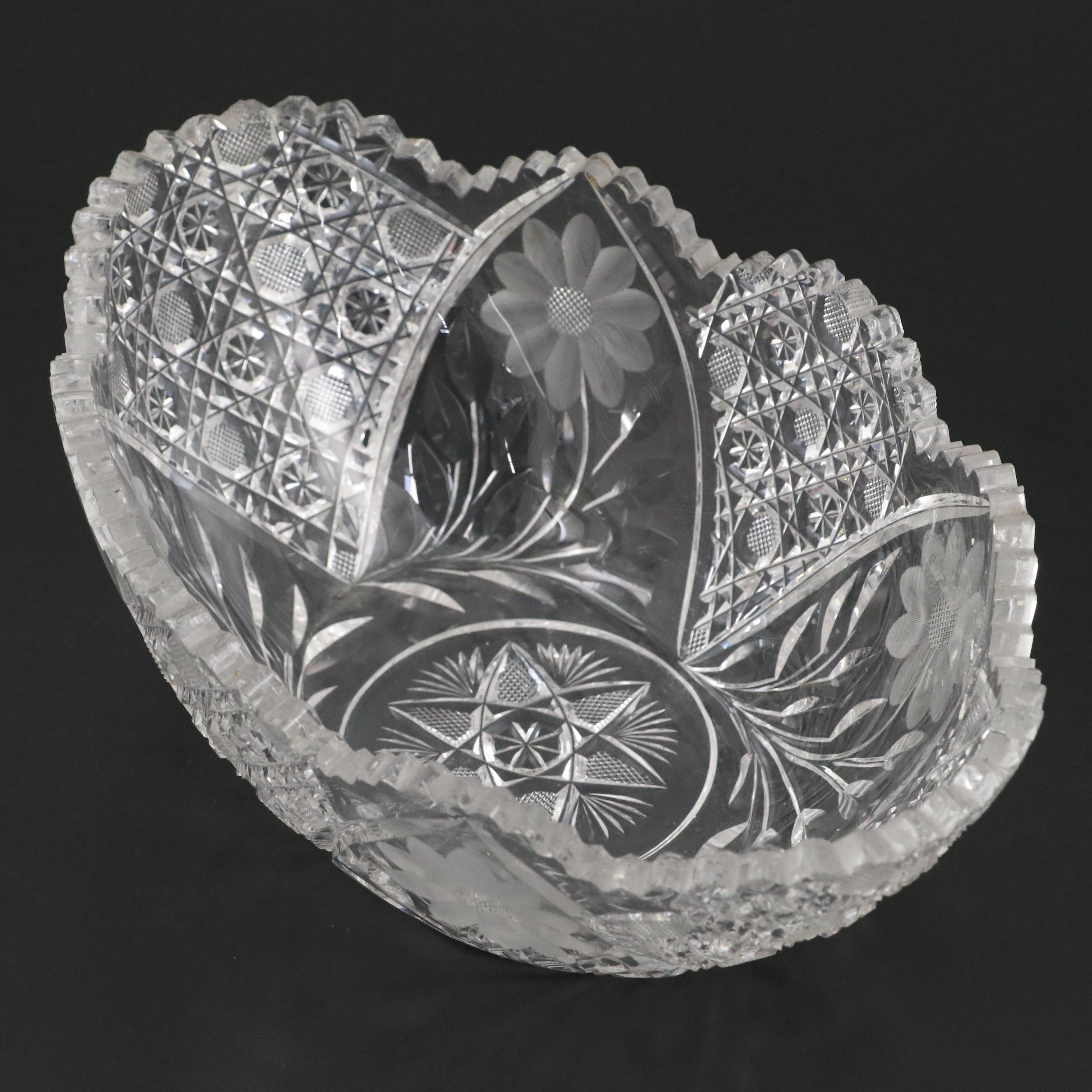 American Brilliant Cut Glass Harvard and Floral Pattern Bowl