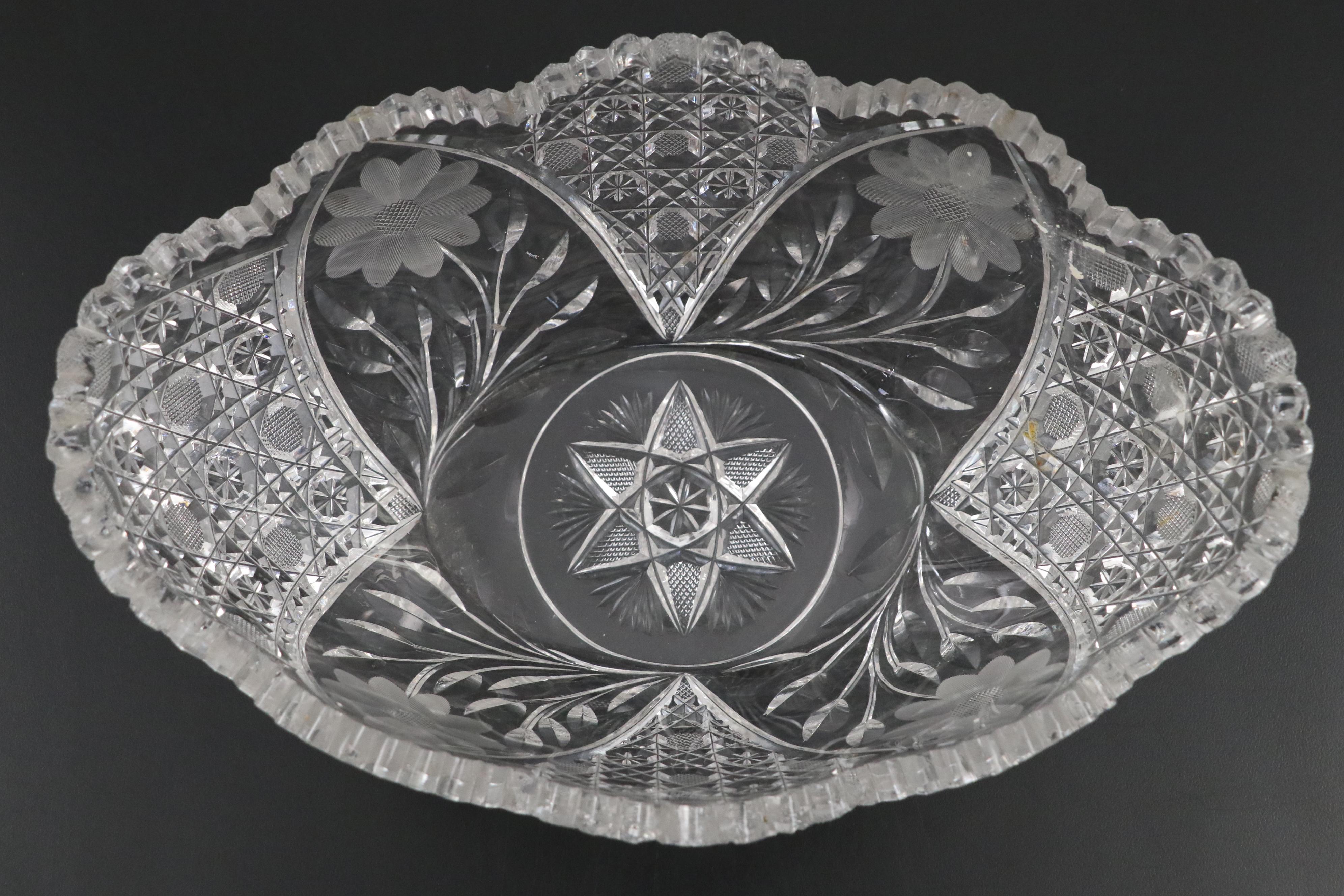 American Brilliant Cut Glass Harvard and Floral Pattern Bowl