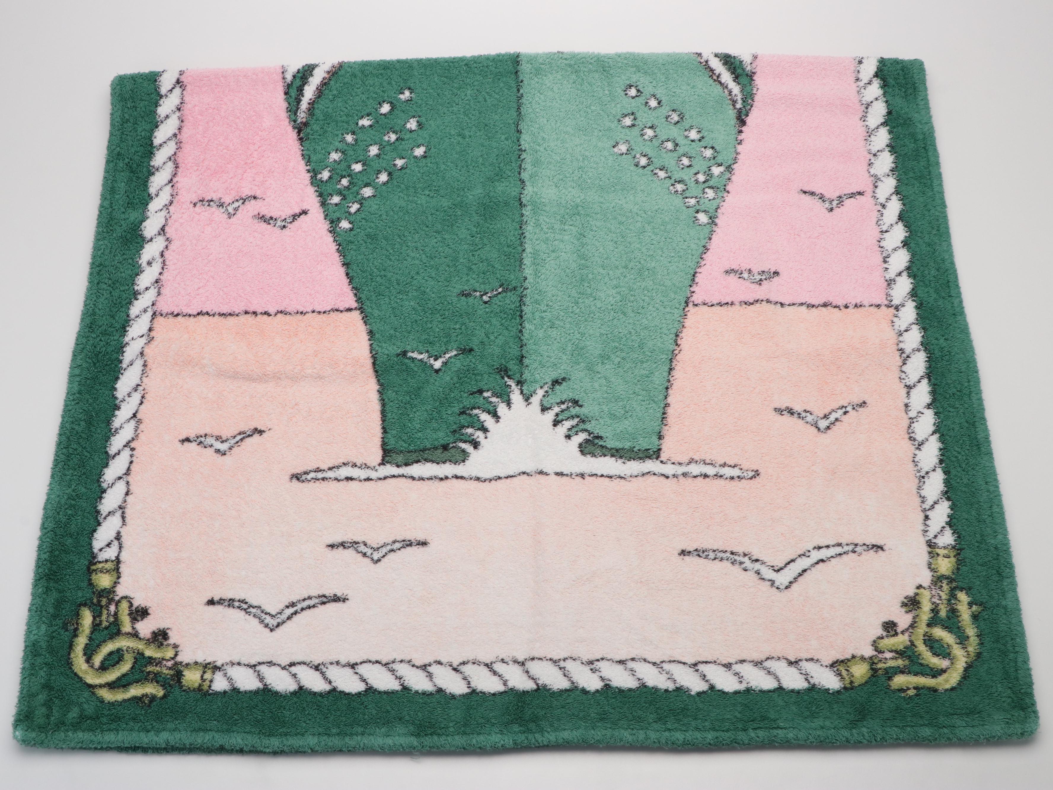 Hermès "Hermès - Paris" Ocean Liner Pink and Green Terry Cloth Beach Towel