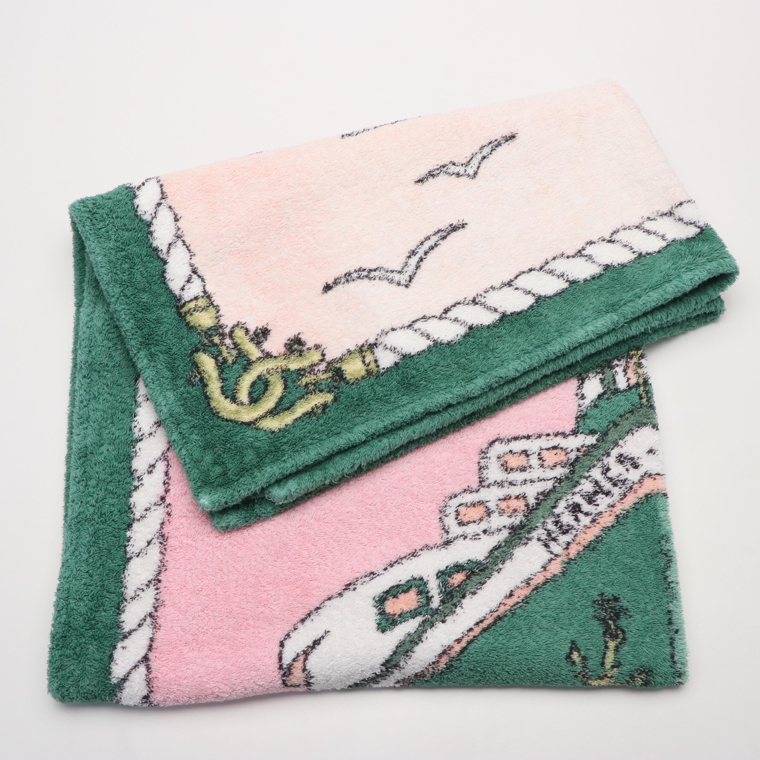 Hermès "Hermès - Paris" Ocean Liner Pink and Green Terry Cloth Beach Towel