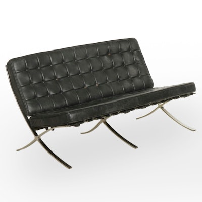 Modernist "Barcelona" Style Chrome and Faux Leather Loveseat