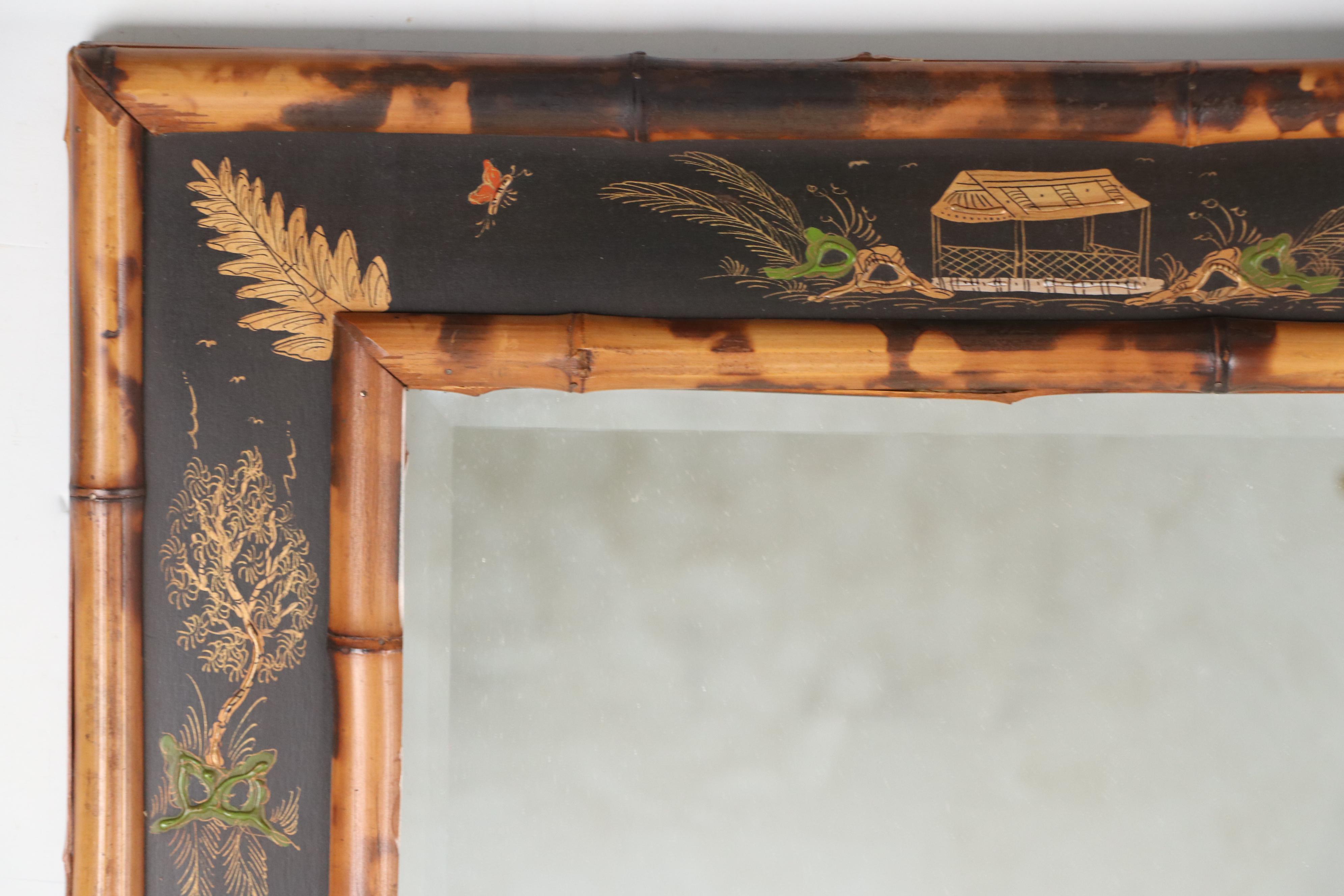Bamboo and Painted Wood Chinoiserie Wall Mirror, Mid to Late 20th Century