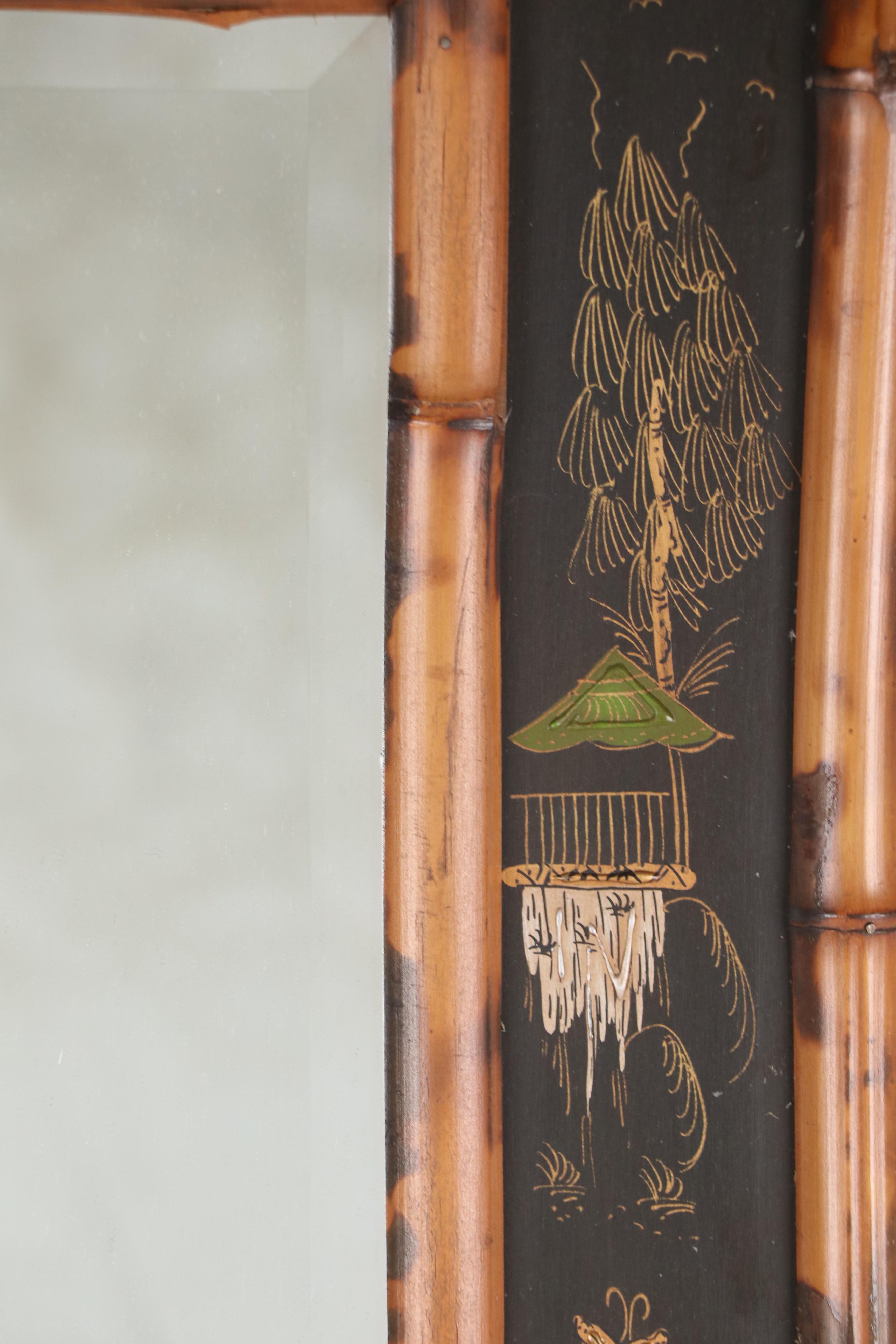 Bamboo and Painted Wood Chinoiserie Wall Mirror, Mid to Late 20th Century