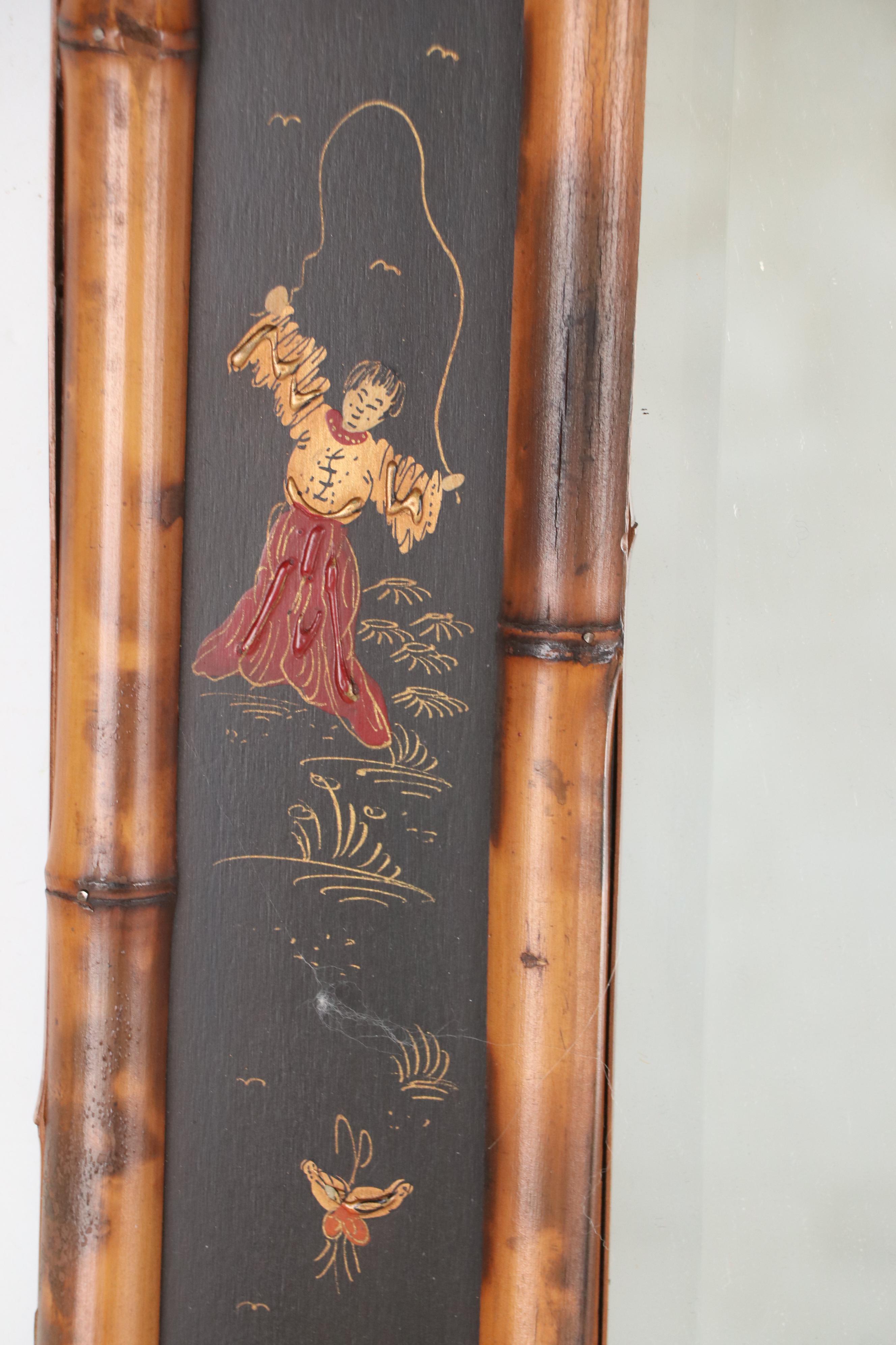 Bamboo and Painted Wood Chinoiserie Wall Mirror, Mid to Late 20th Century