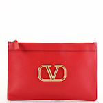 Valentino Garavani  V Logo Zippered Red Leather Clutch Bag