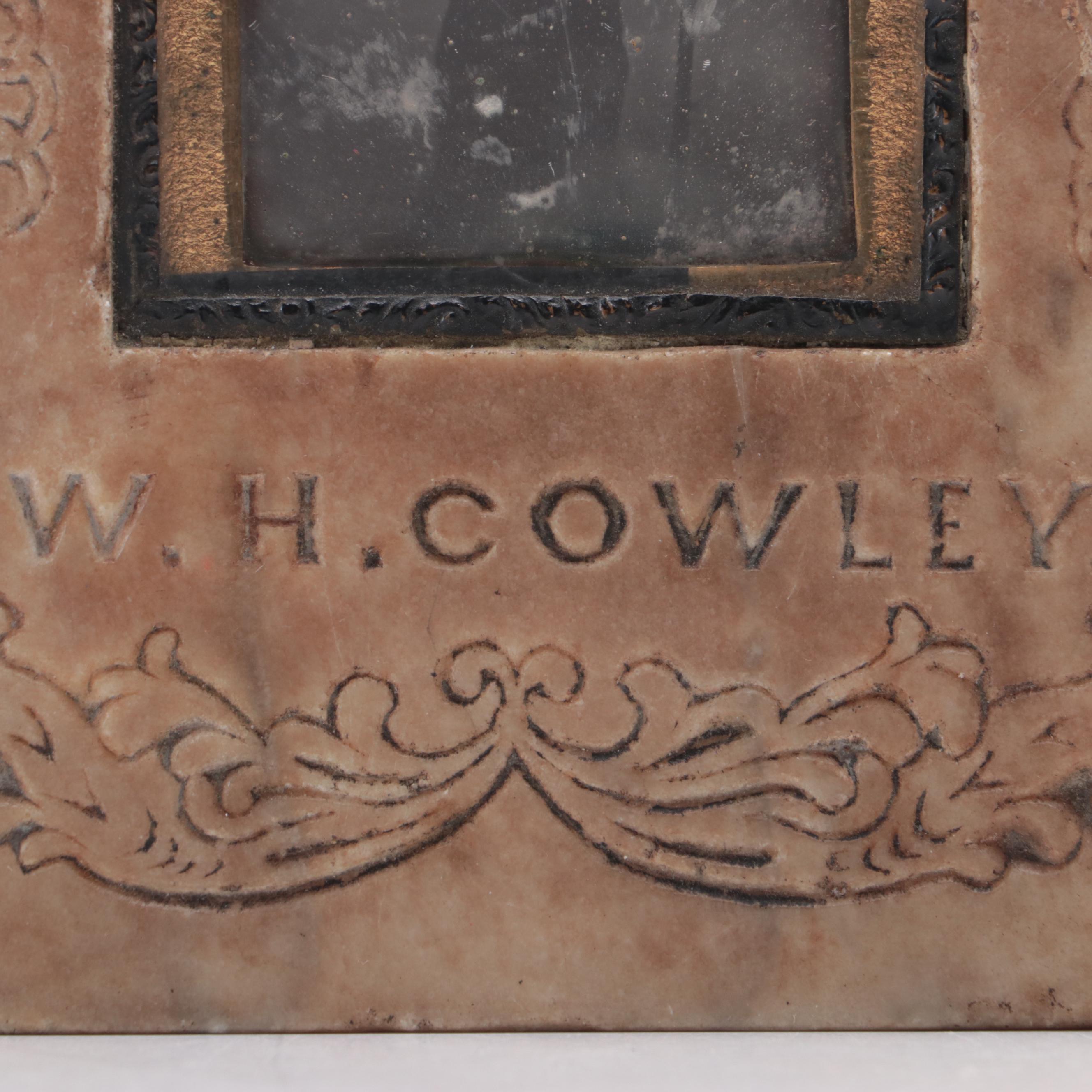 Victorian Carved Stone Funerary Plaque with Photograph of W.H. Cowley, 19th C