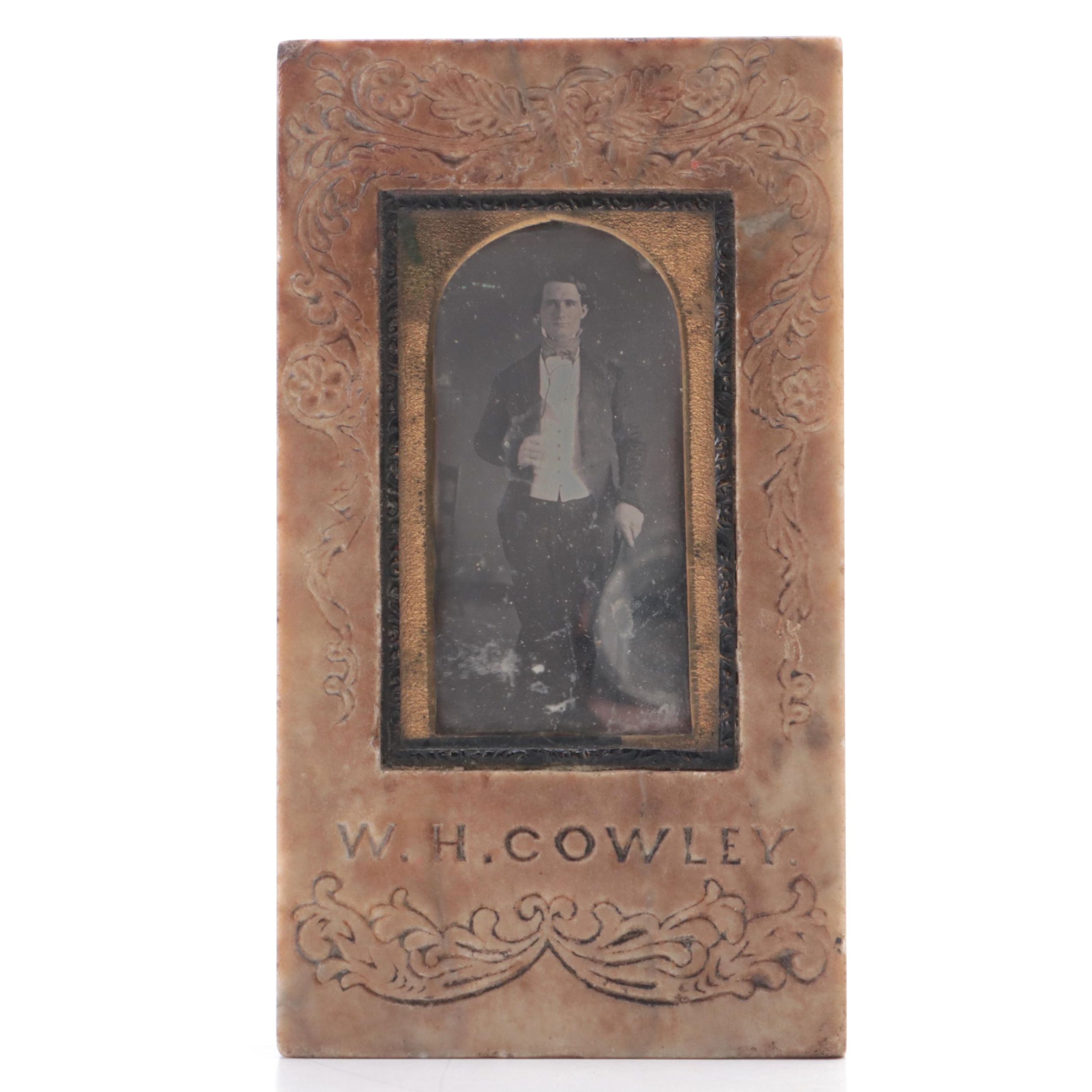 Victorian Carved Stone Funerary Plaque with Photograph of W.H. Cowley, 19th C