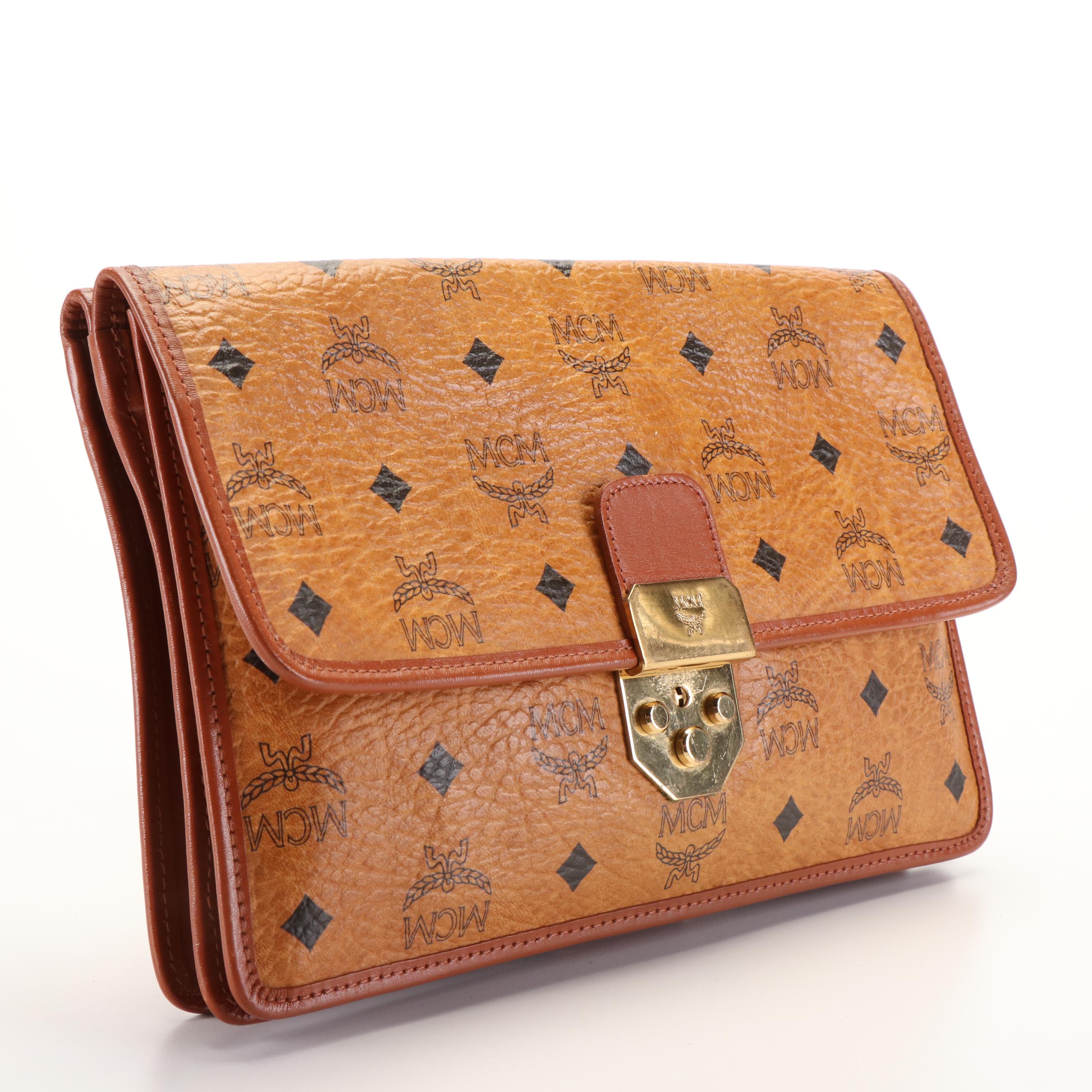 MCM Visetos Cognac Leather Trimmed Coated Canvas Clutch Bag