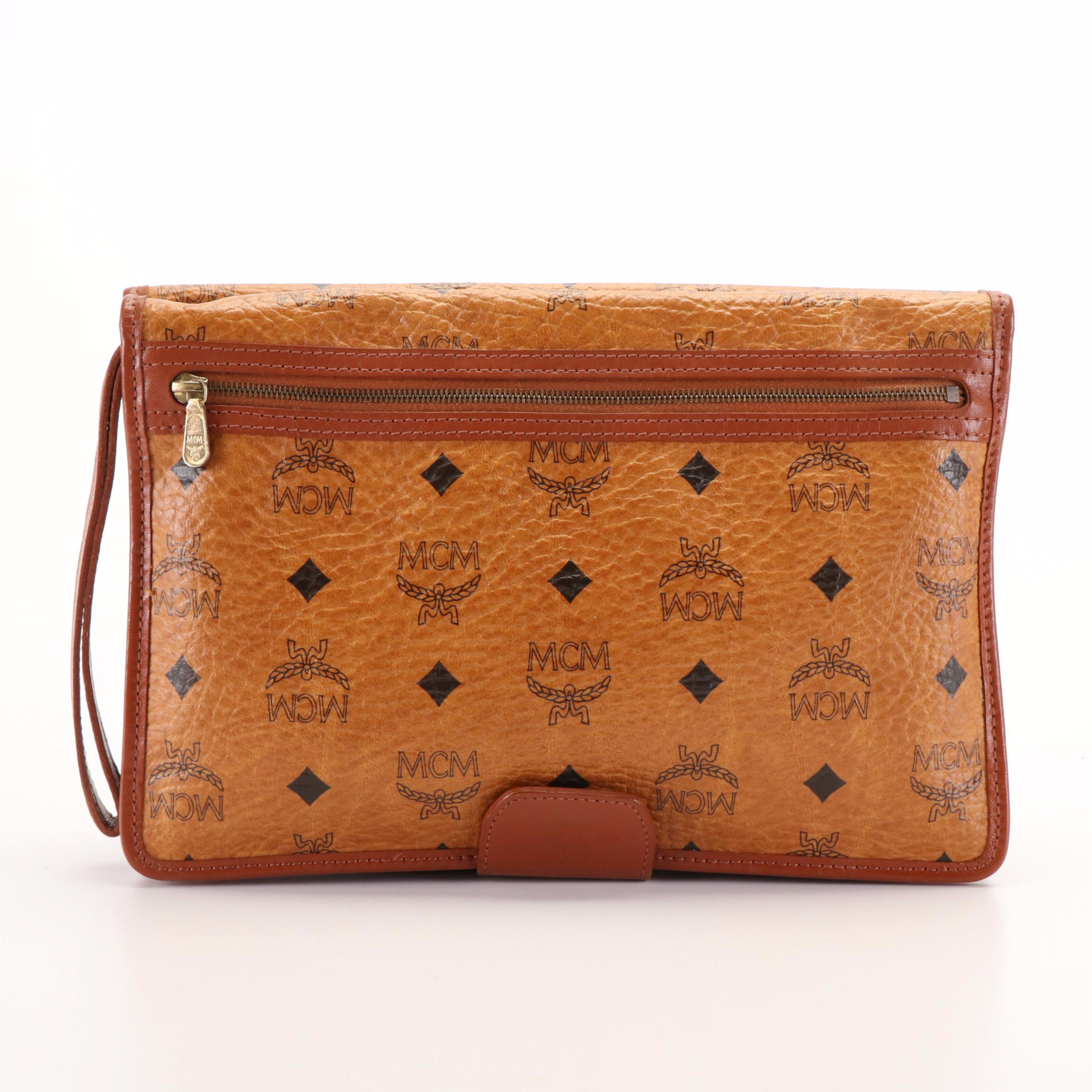 MCM Visetos Cognac Leather Trimmed Coated Canvas Clutch Bag