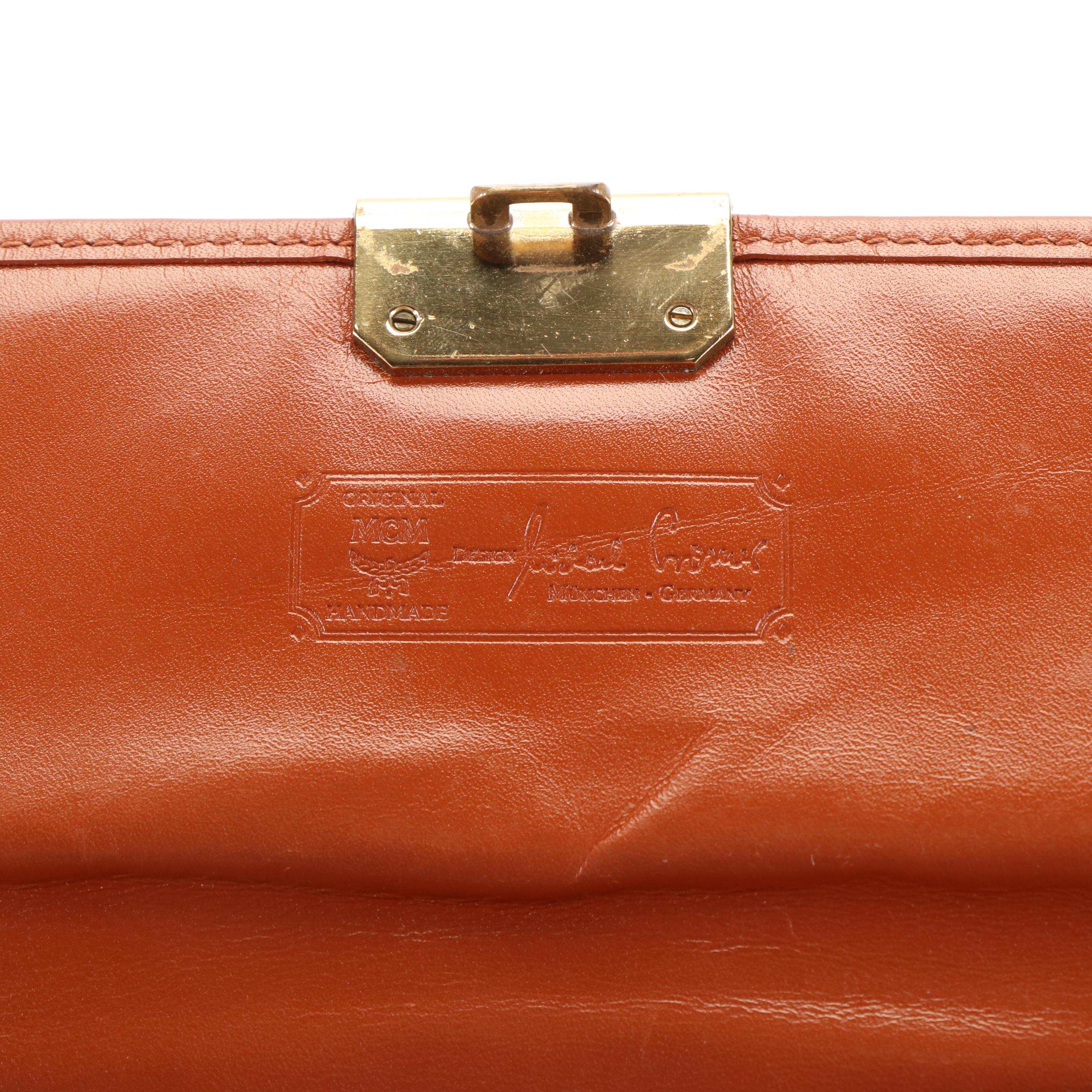 MCM Visetos Cognac Leather Trimmed Coated Canvas Clutch Bag