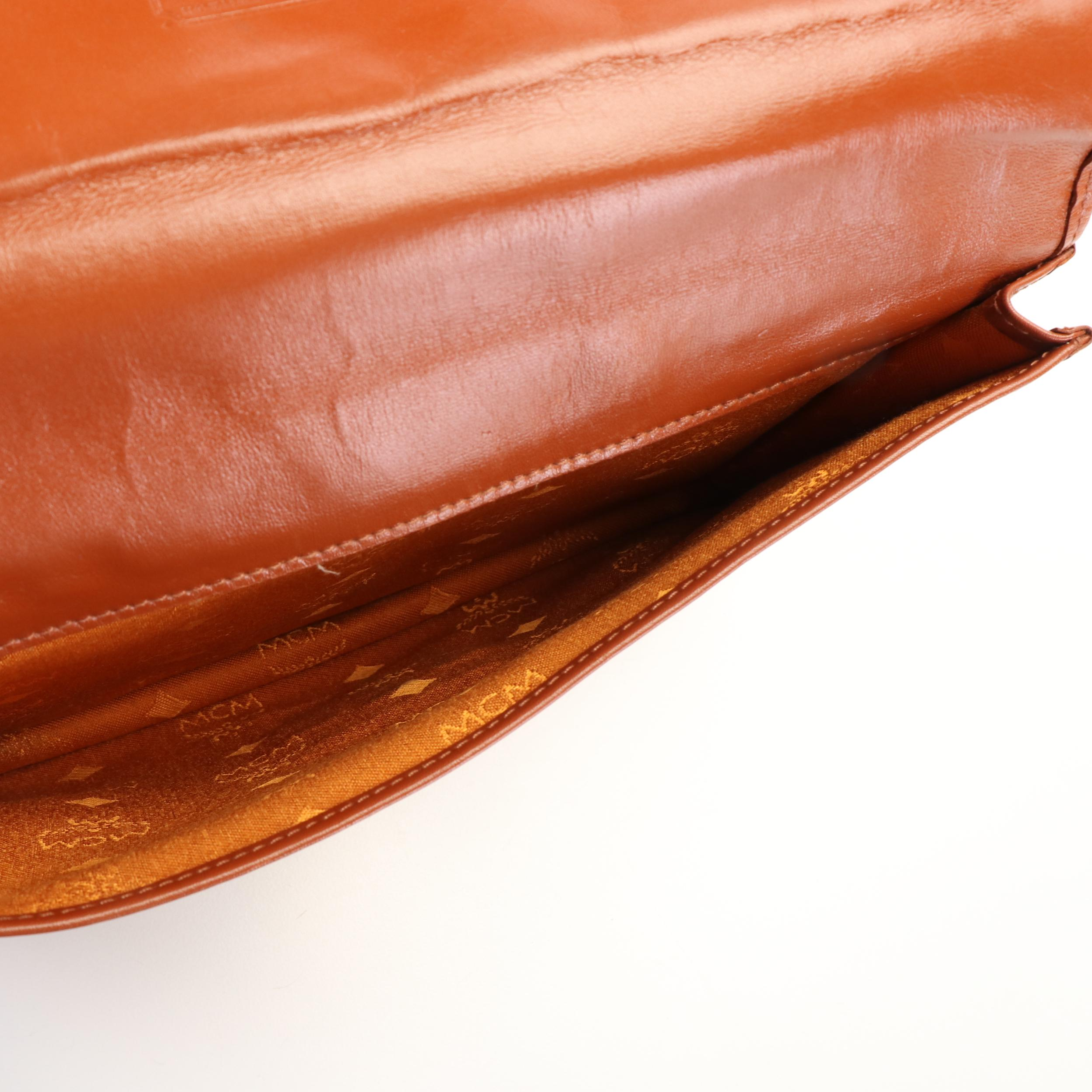 MCM Visetos Cognac Leather Trimmed Coated Canvas Clutch Bag