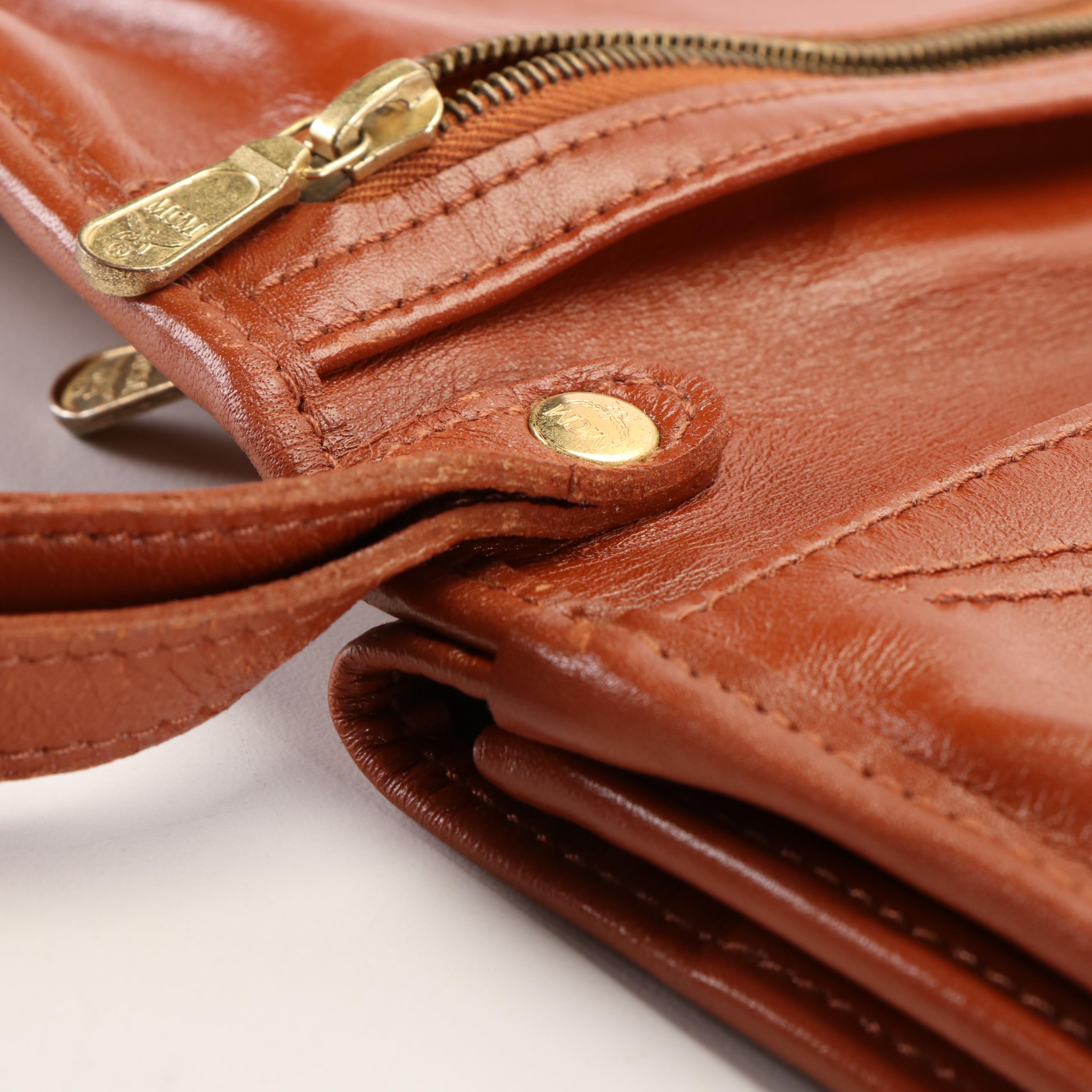 MCM Visetos Cognac Leather Trimmed Coated Canvas Clutch Bag