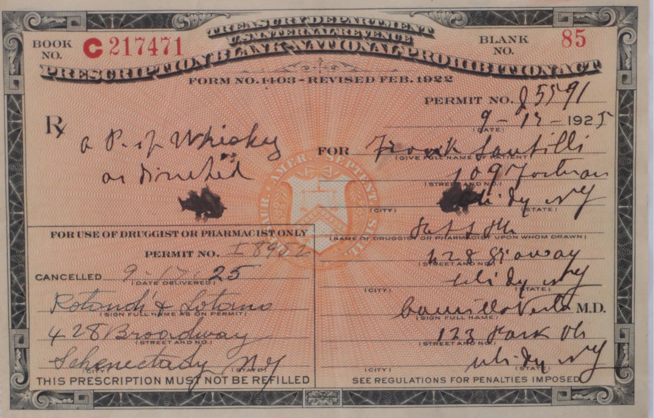 1925 Prohibition Era Medicinal Whiskey Prescription in Frame with Bottle