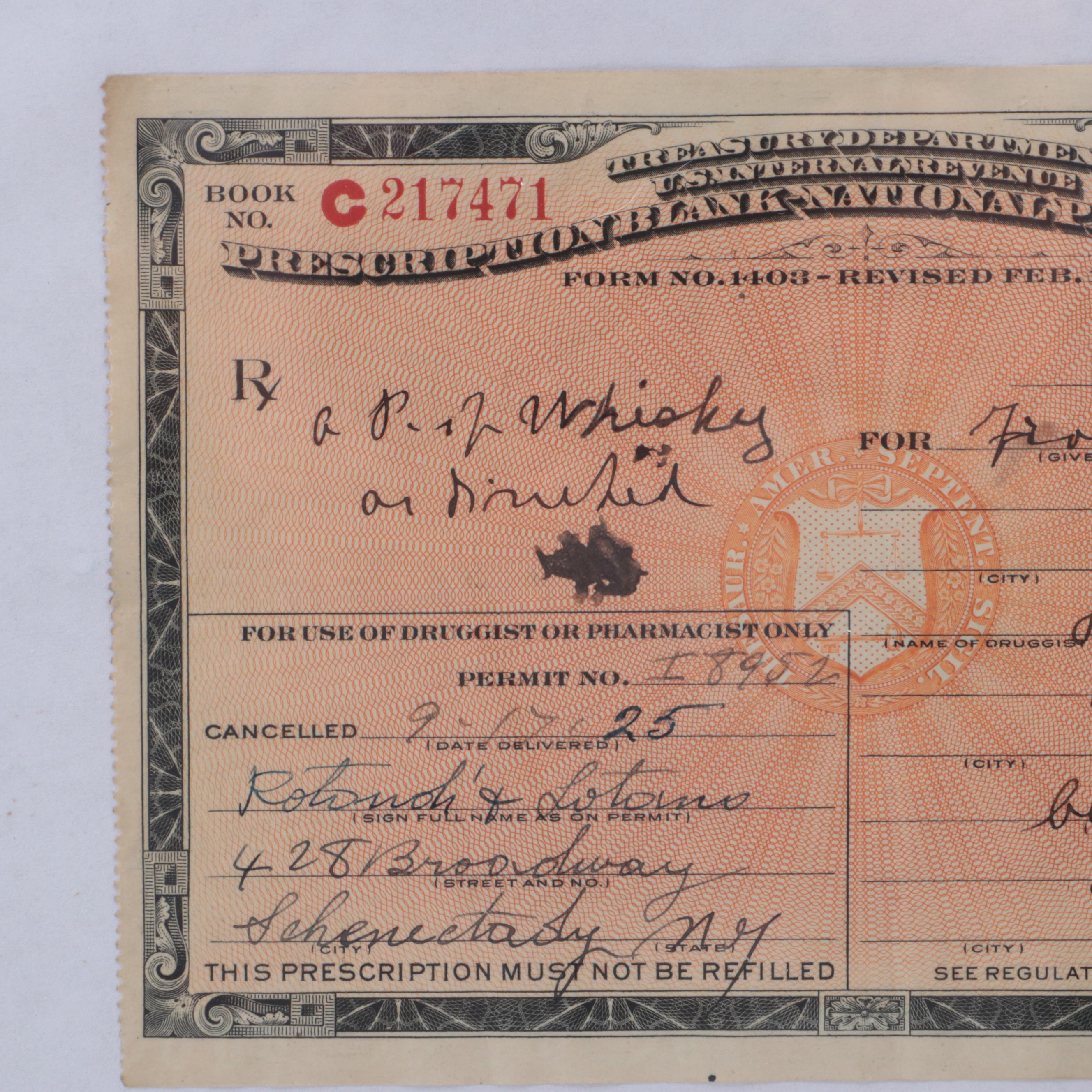 1925 Prohibition Era Medicinal Whiskey Prescription in Frame with Bottle