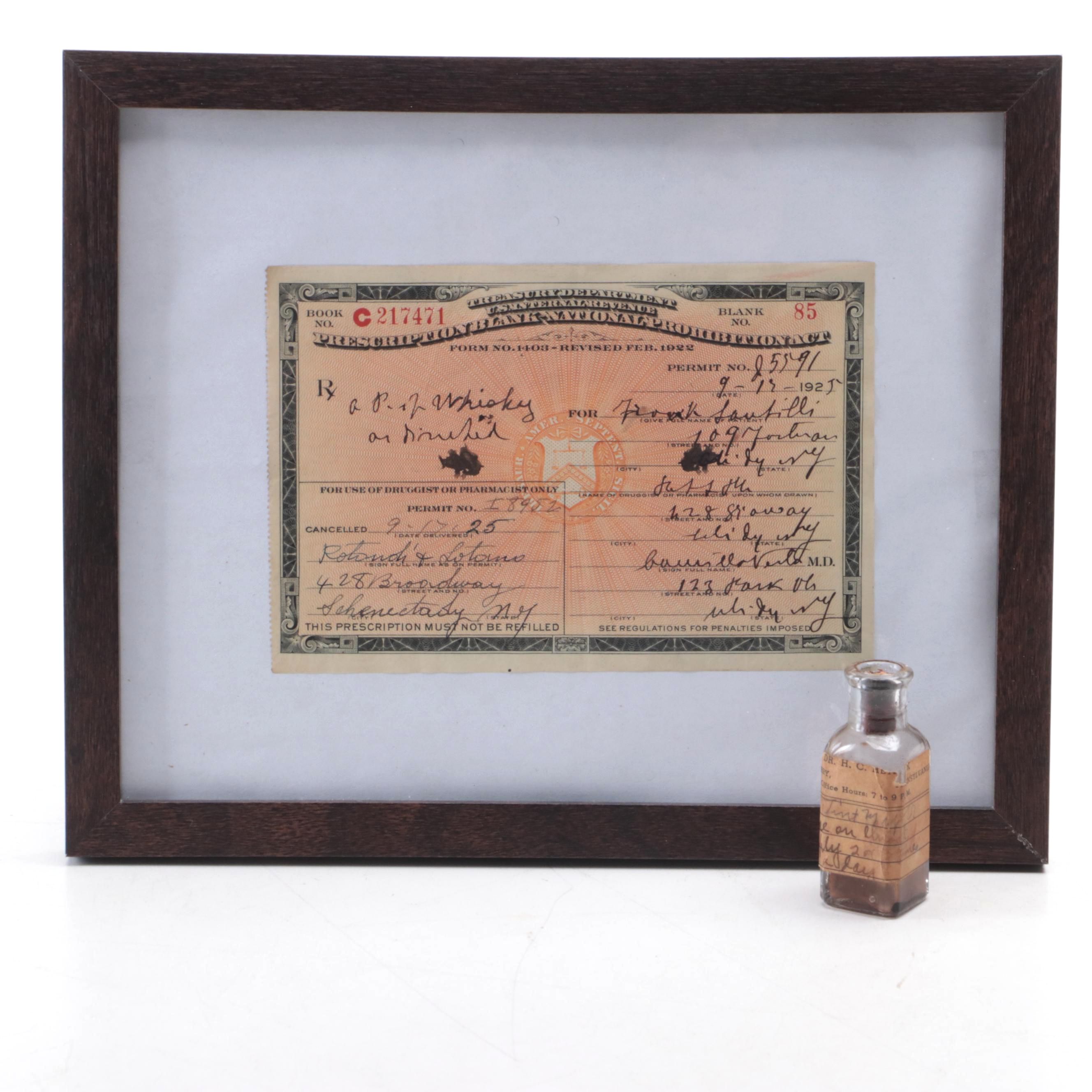 1925 Prohibition Era Medicinal Whiskey Prescription in Frame with Bottle