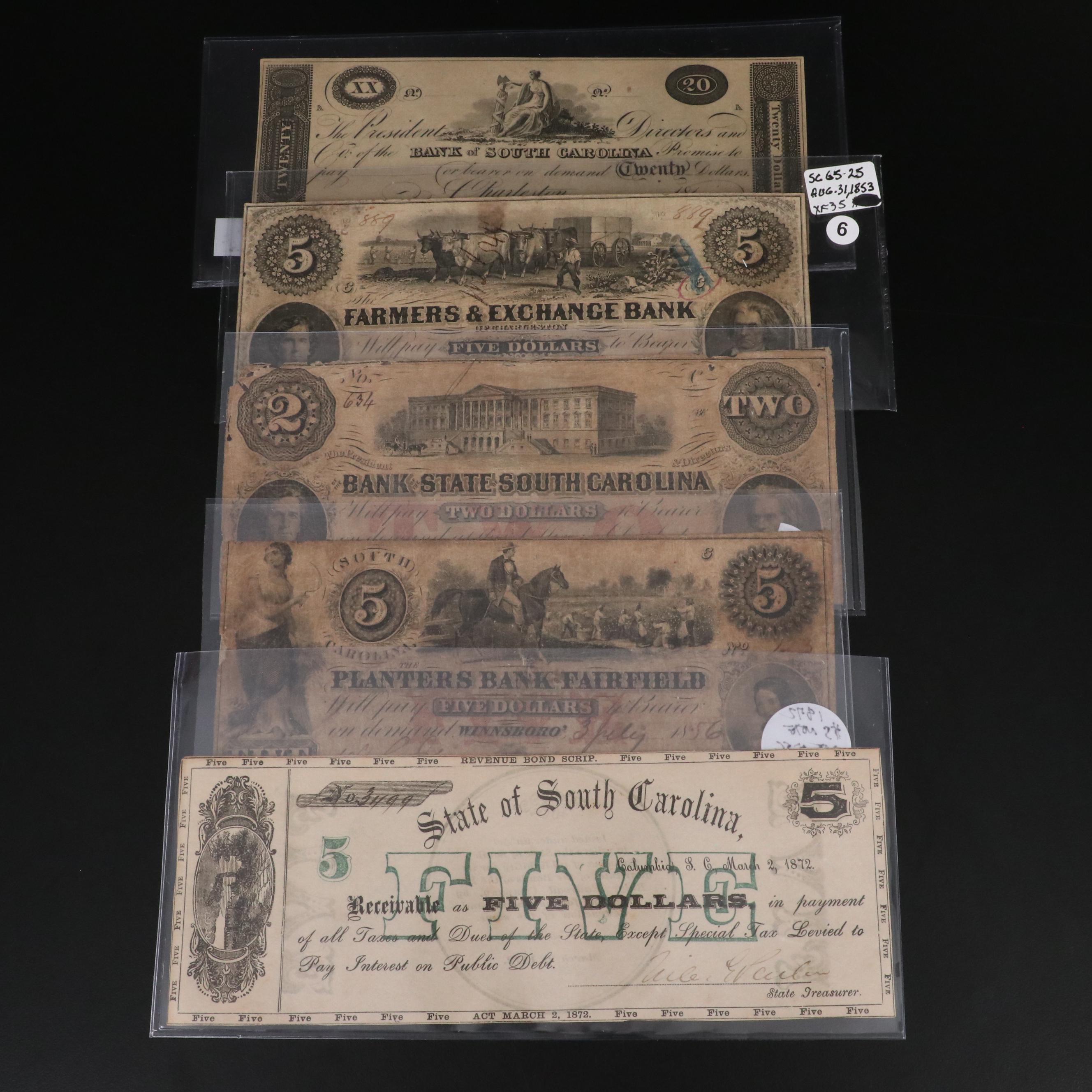 Five Obsolete Bank Notes from South Carolina