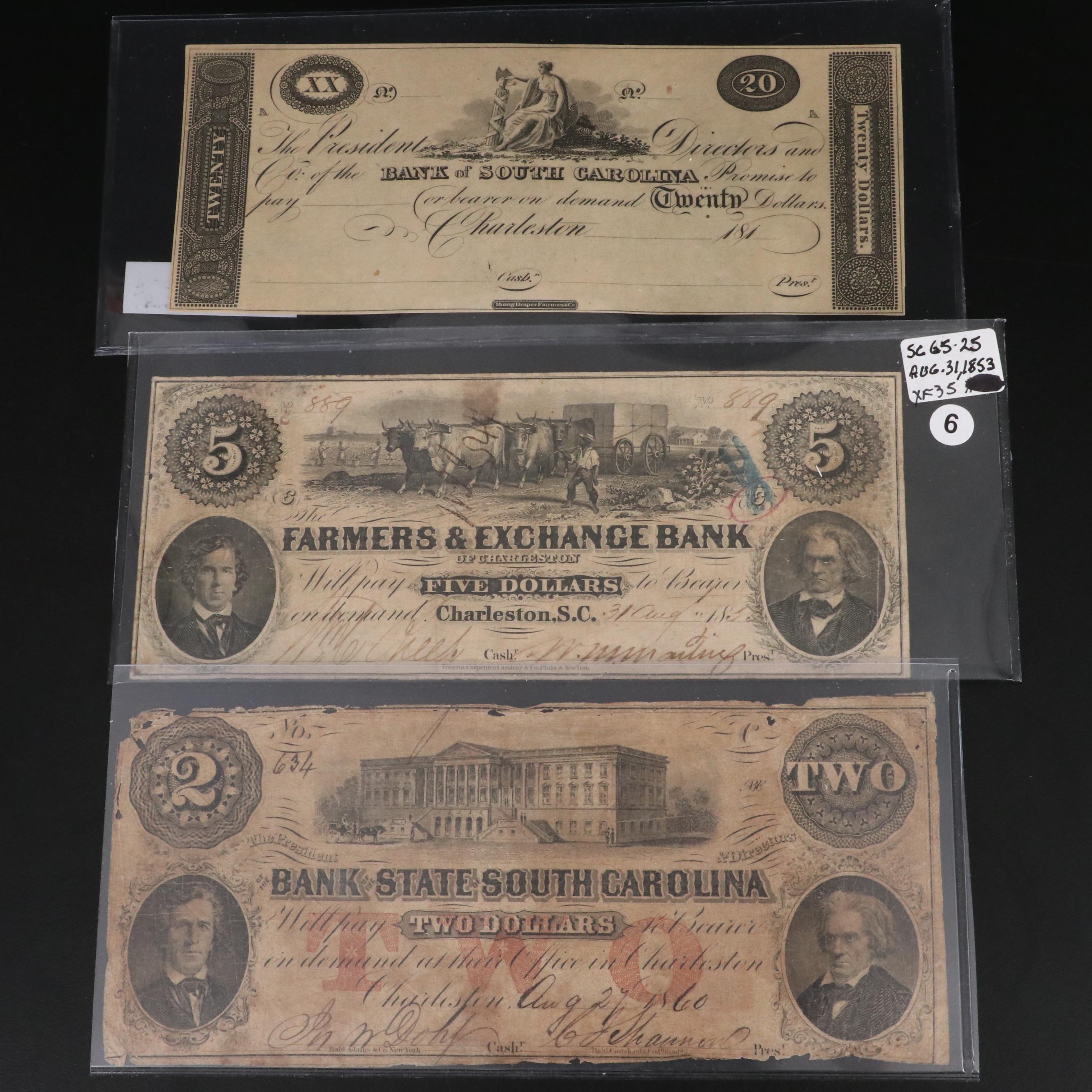 Five Obsolete Bank Notes from South Carolina