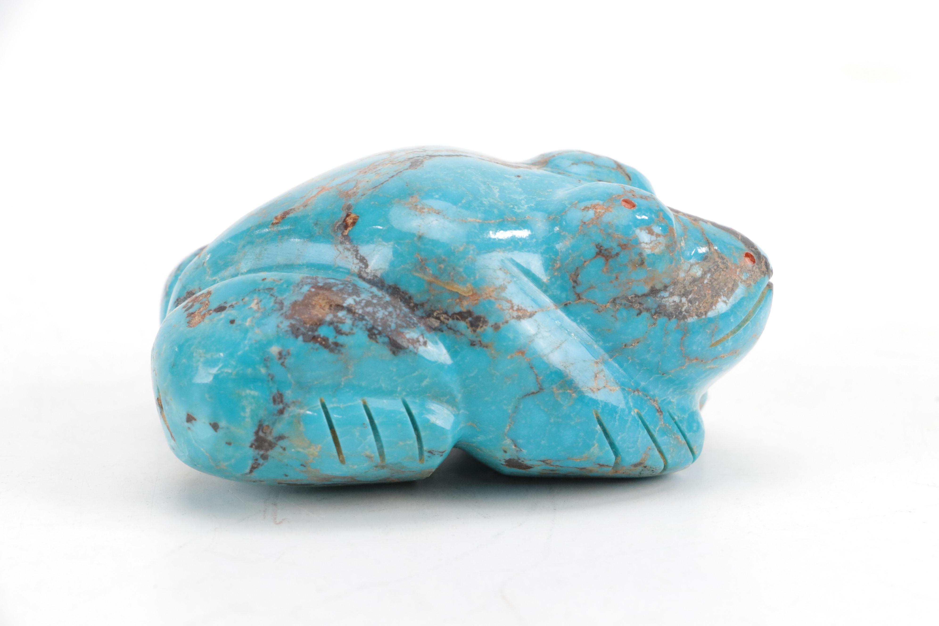 3.5" Zuni Polished Carved Turquoise and Coral Frog