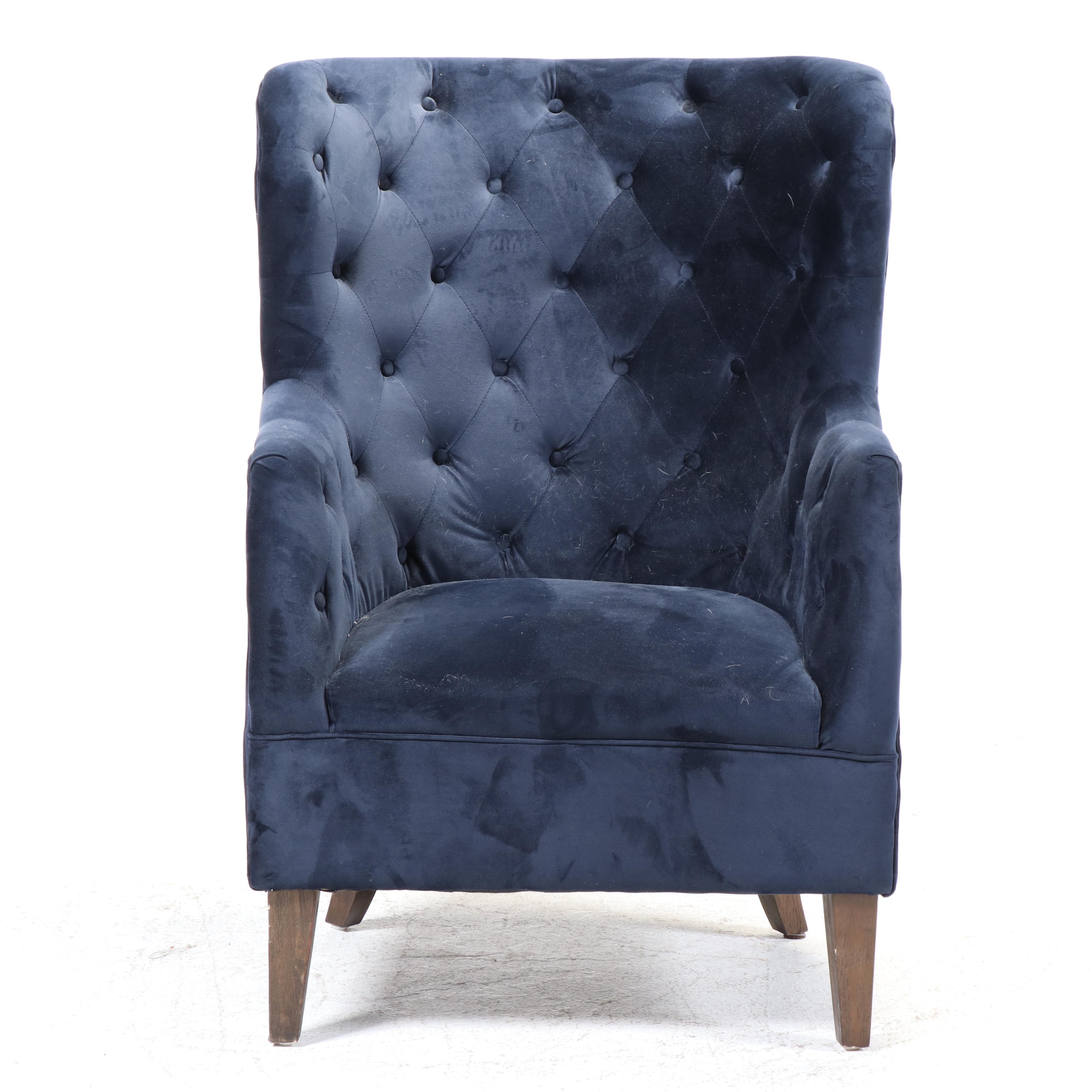 Classic Concepts Buttoned-Down Wing Chair Plus Patinated Metal Pharmacy Lamp